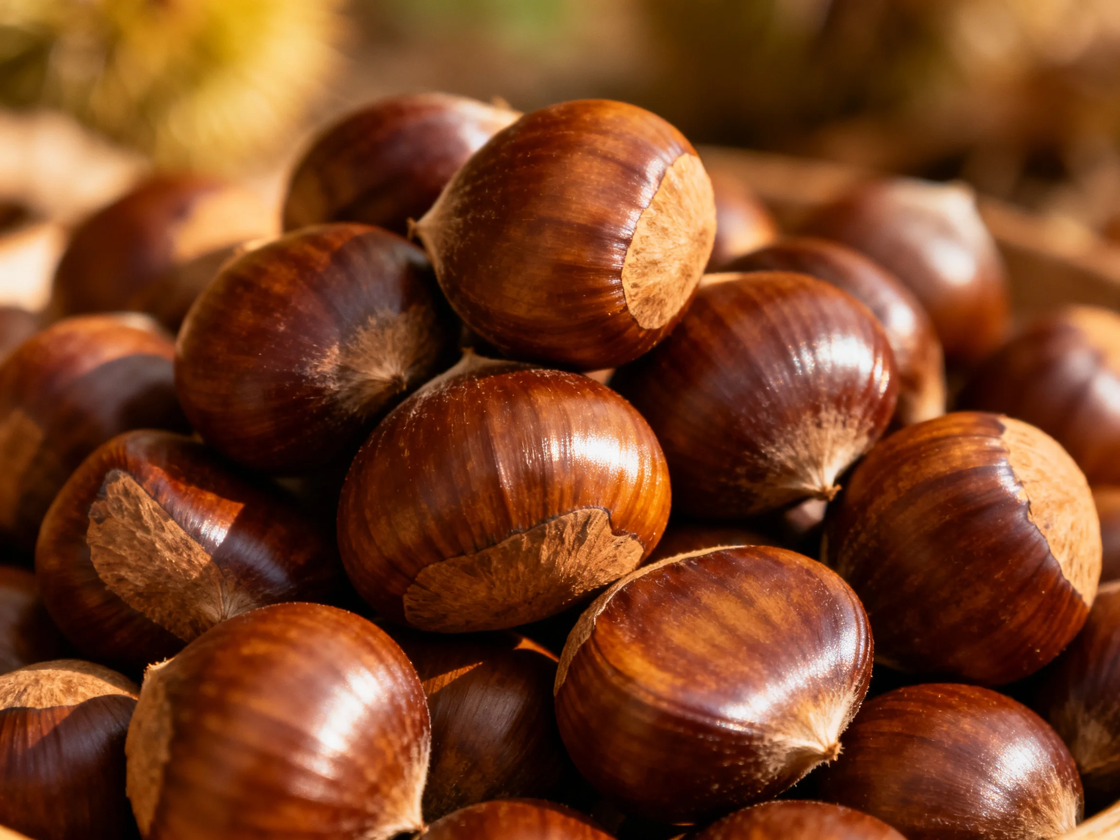 A large pile of glossy brown chestnuts with textured shells