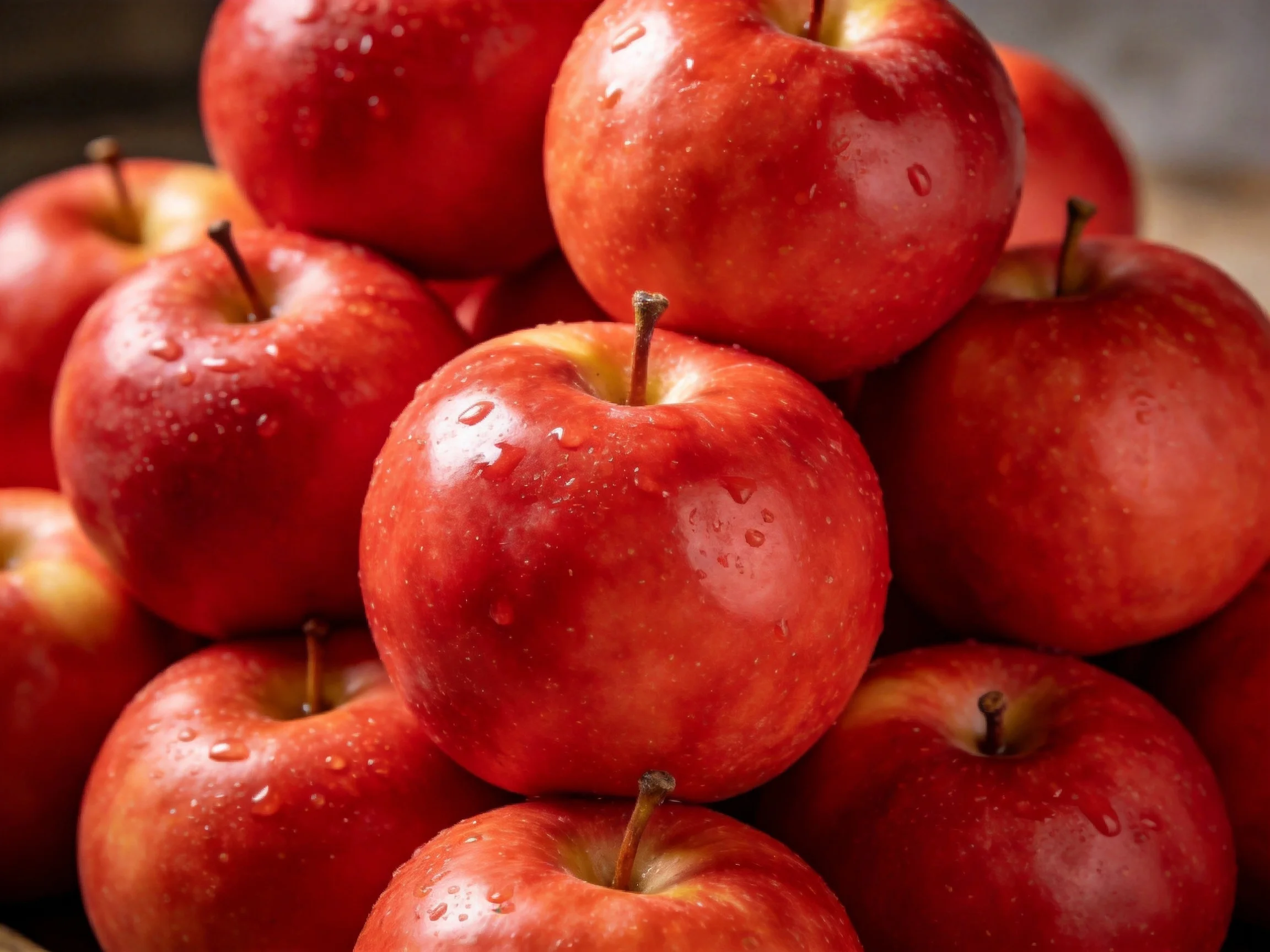 A large pile of glossy red apples with water droplets