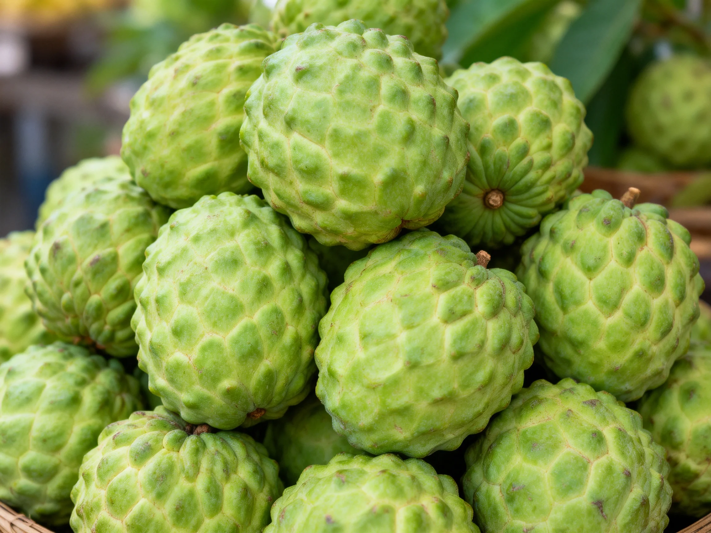 A large pile of green custard apples with textured exteriors