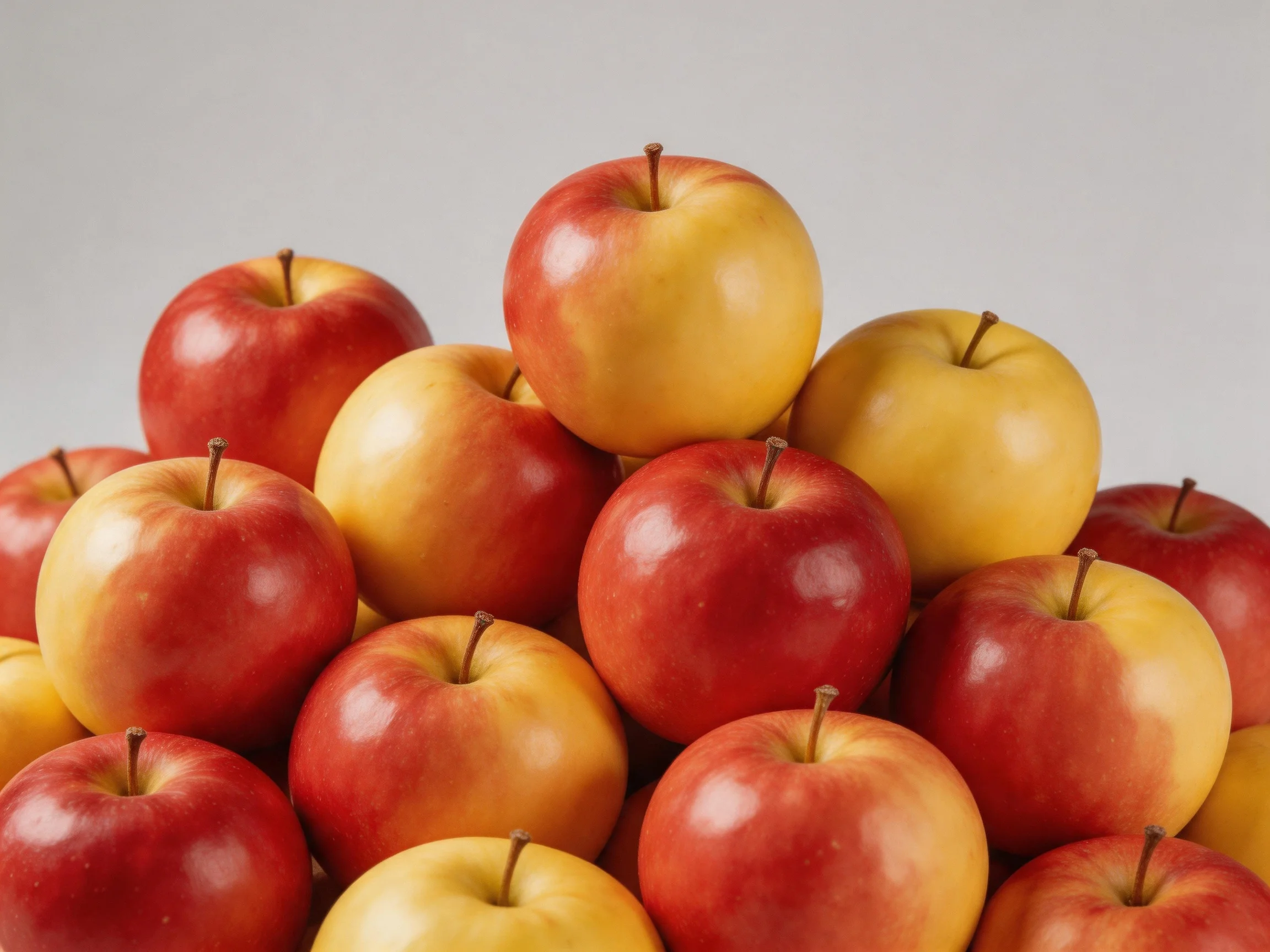 A large pile of red and golden-yellow apples stacked closely
