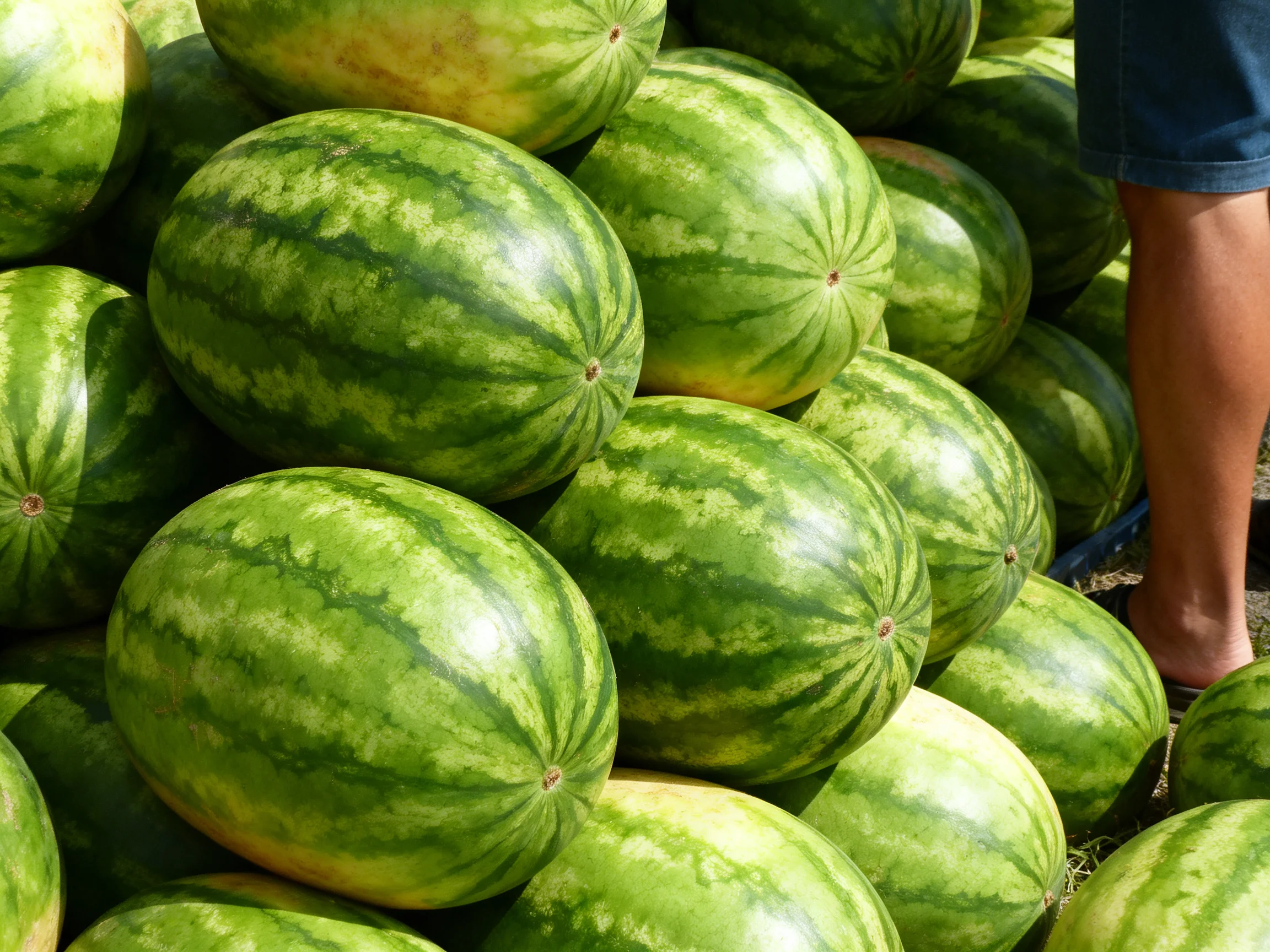 A large pile of vibrant green striped watermelons near a person