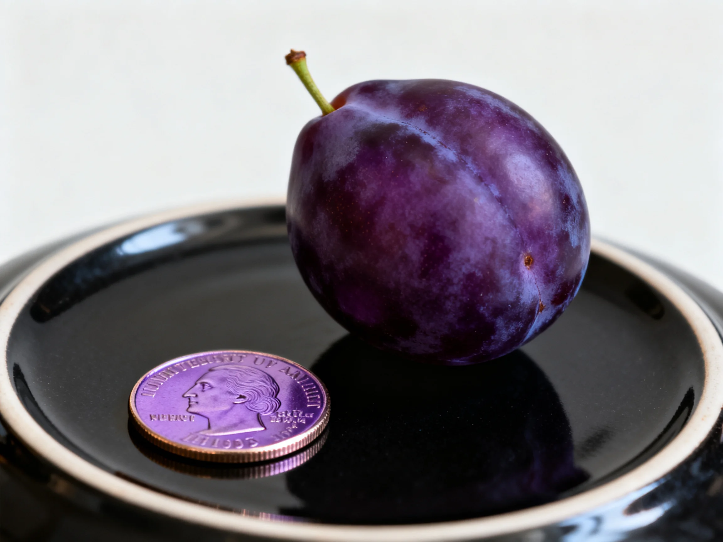 A large purple plum beside a purple coin on a glossy black plate