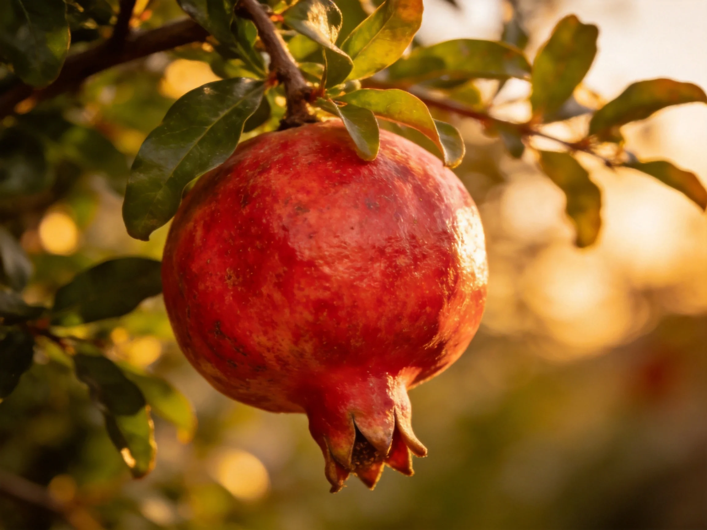 A large red pomegranate hangs from a tree branch with green leaves