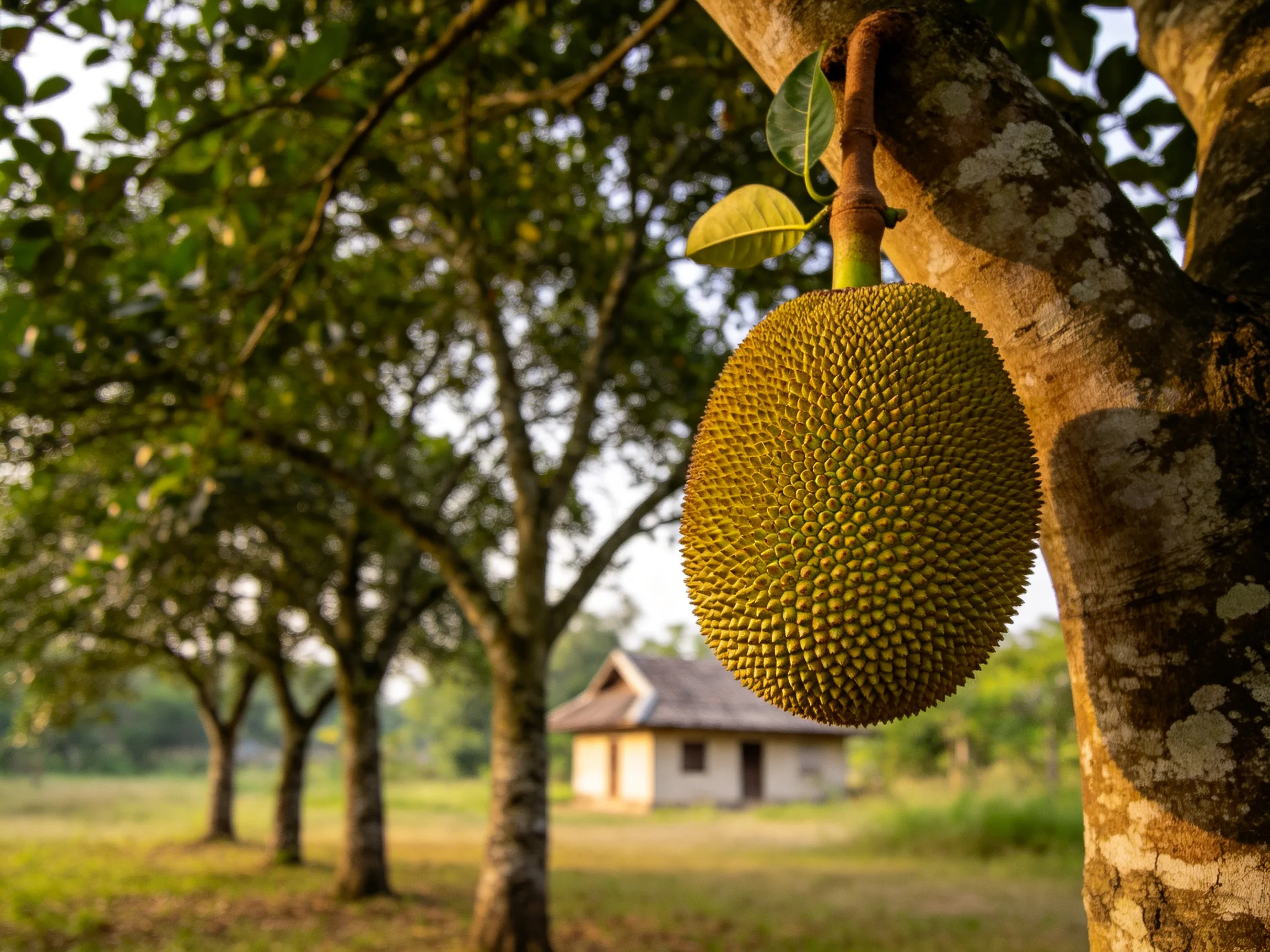 A large spiky jackfruit hangs from a tree near a small house
