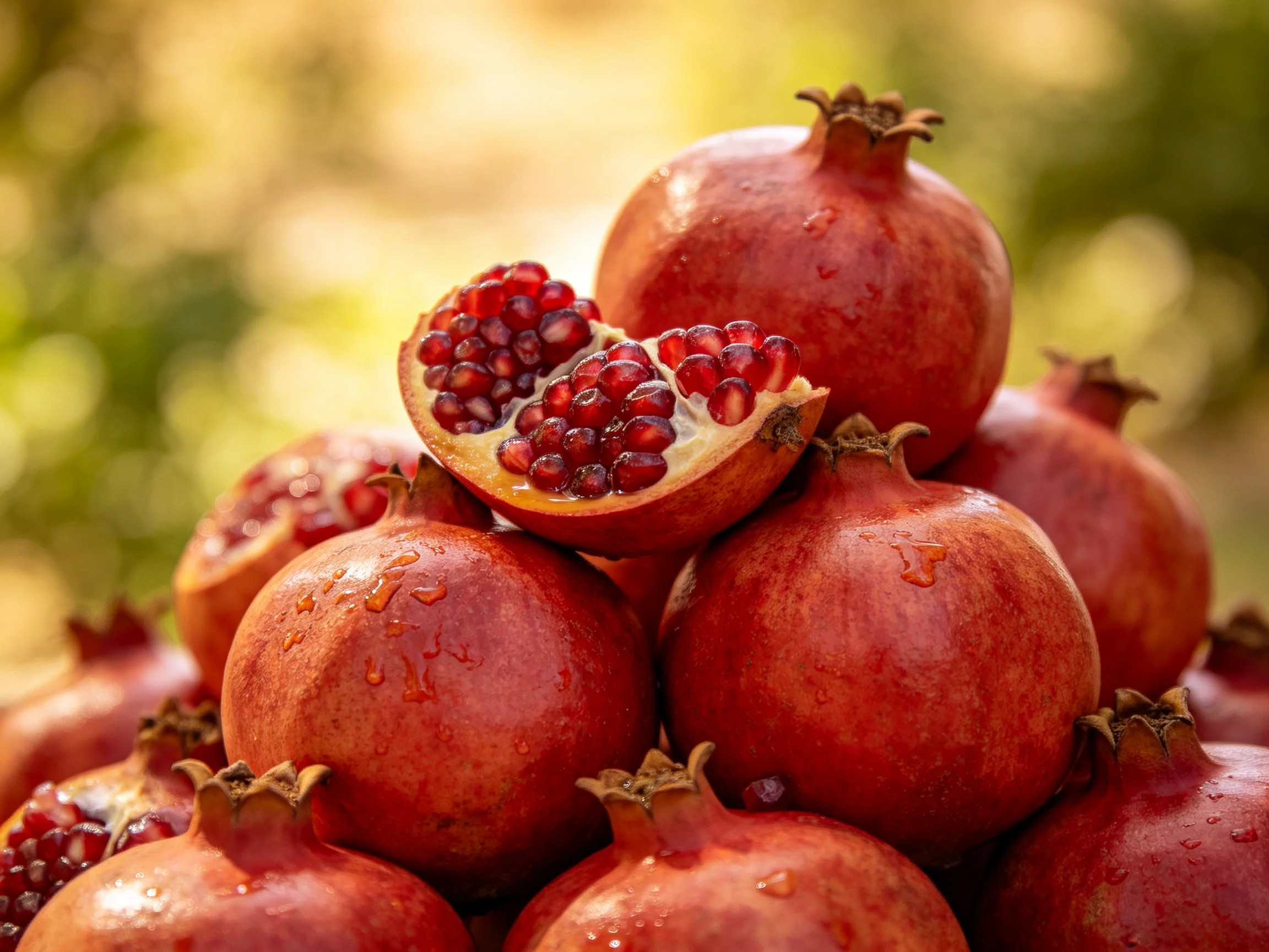 A large stack of ripe pomegranates with exposed red seeds