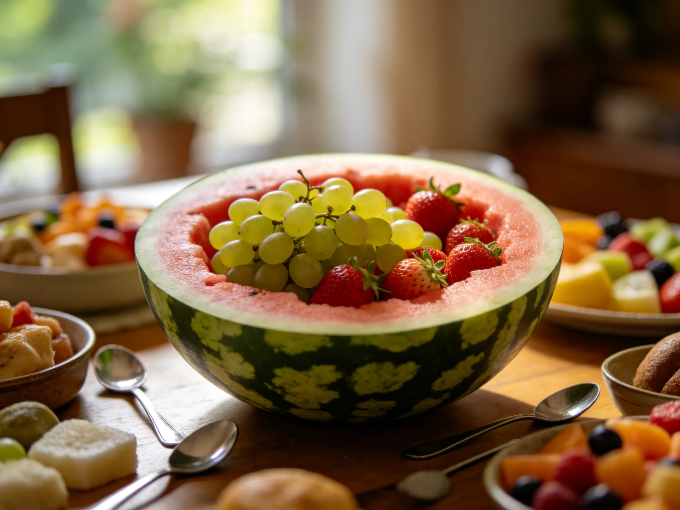 A large watermelon bowl filled with green grapes and strawberries