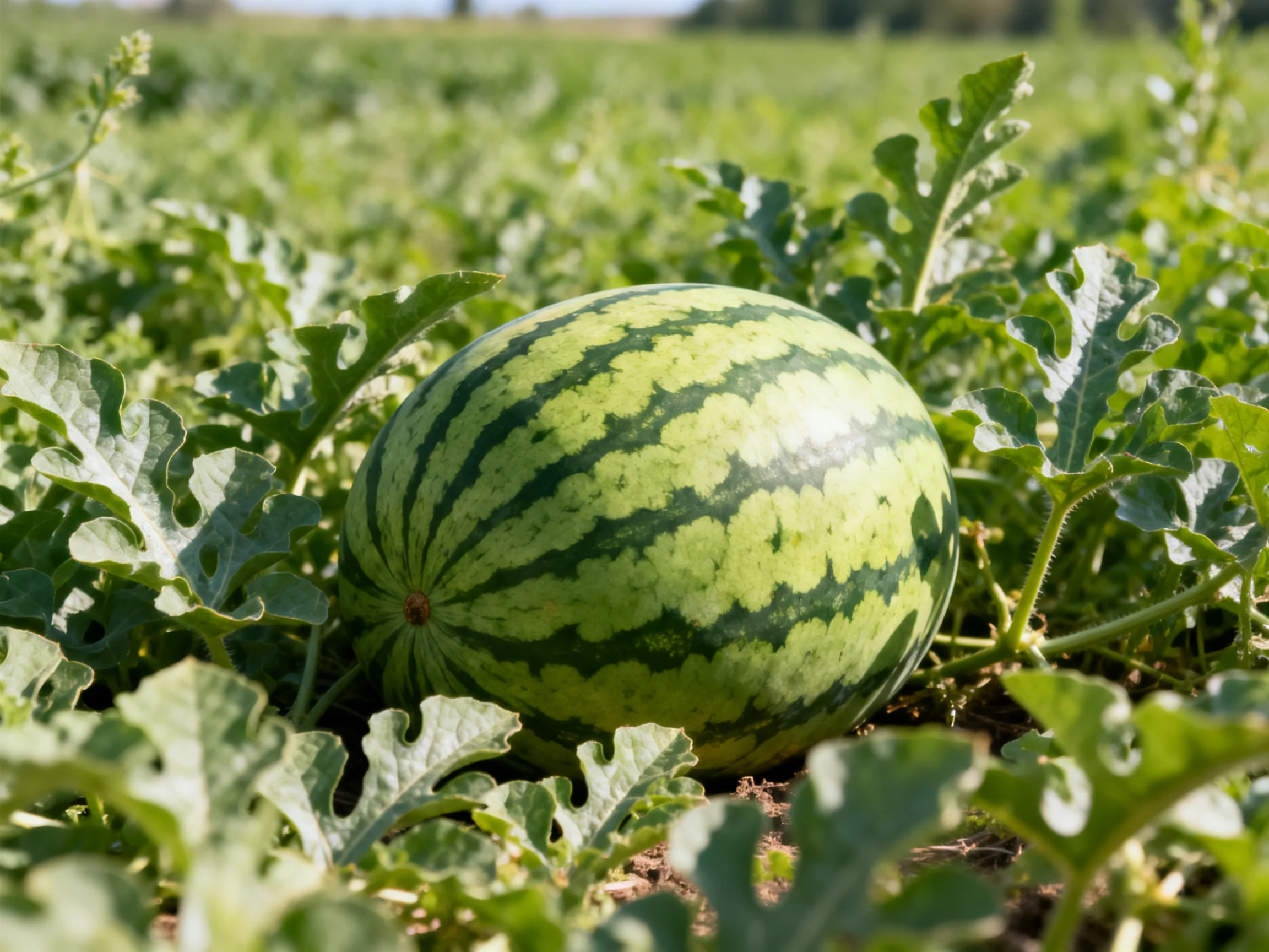 A large watermelon rests amid lush green foliage in a sunlit field