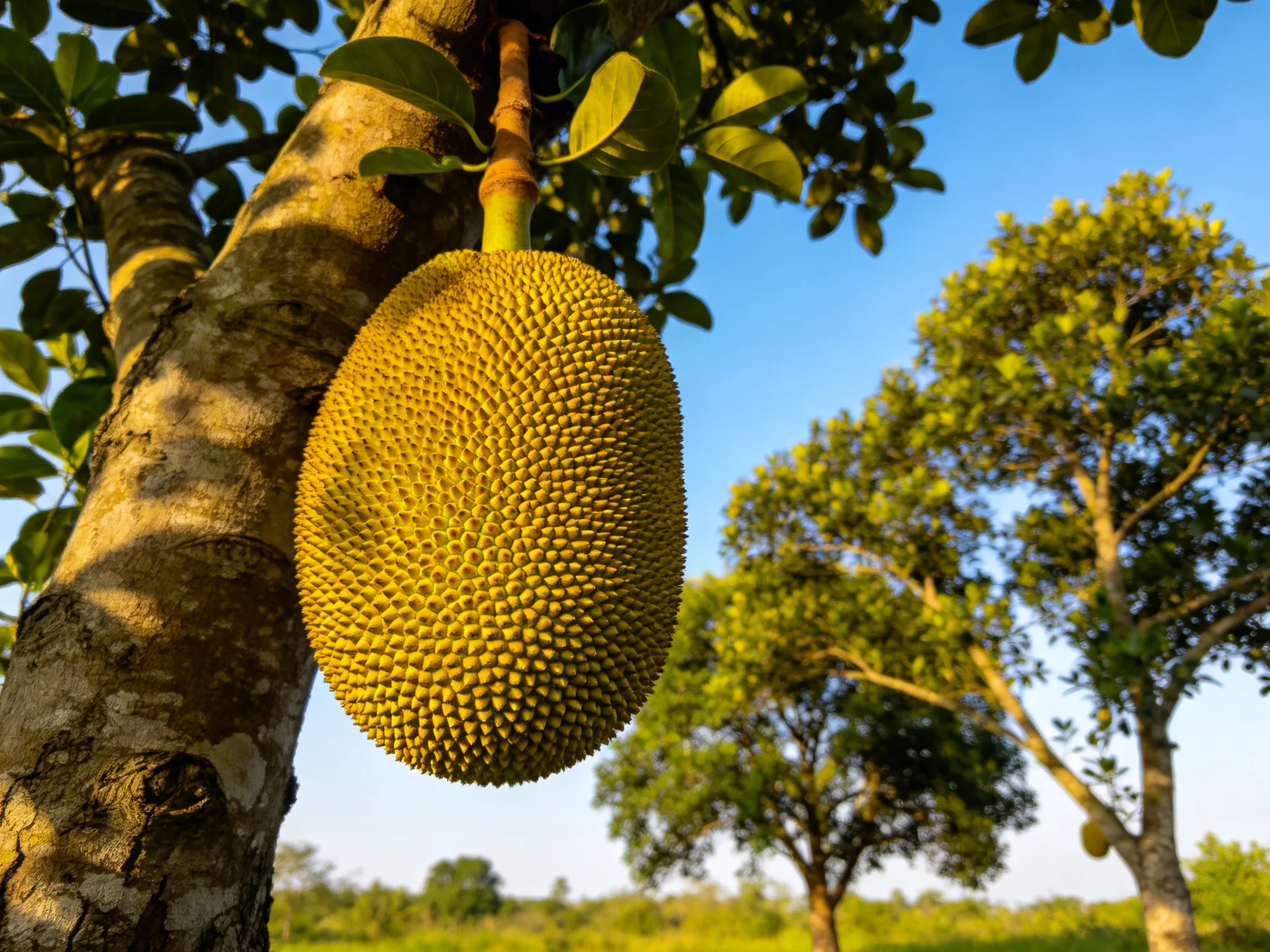 A large yellow jackfruit hangs from a tree with green foliage and blue sky