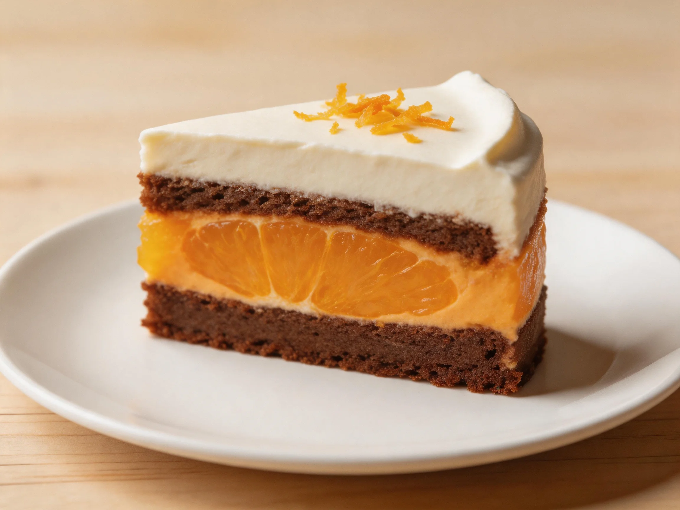 A layered chocolate-orange cake slice with creamy frosting and orange center