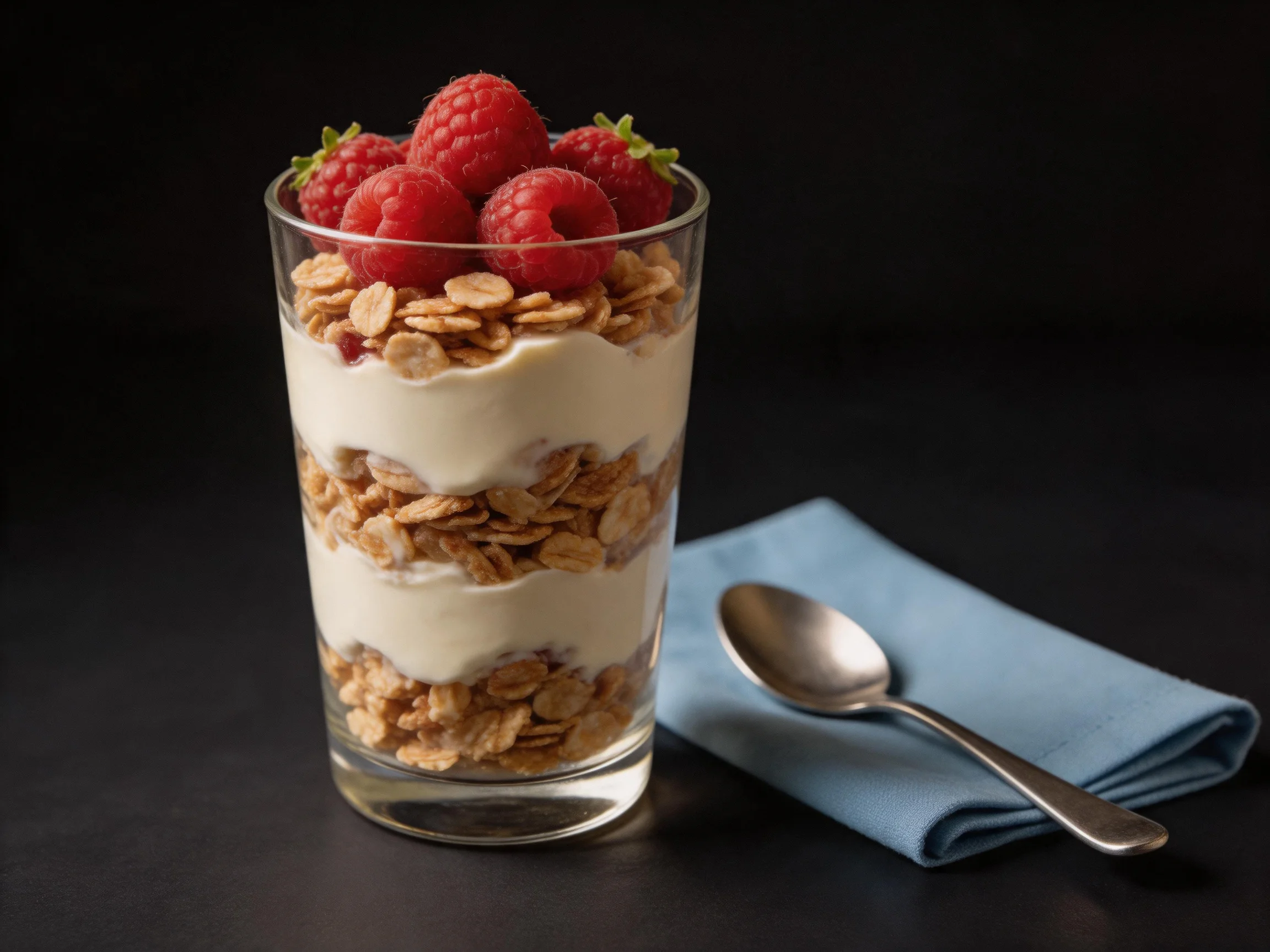 A layered parfait with yogurt, cereal, and fresh raspberries in a glass