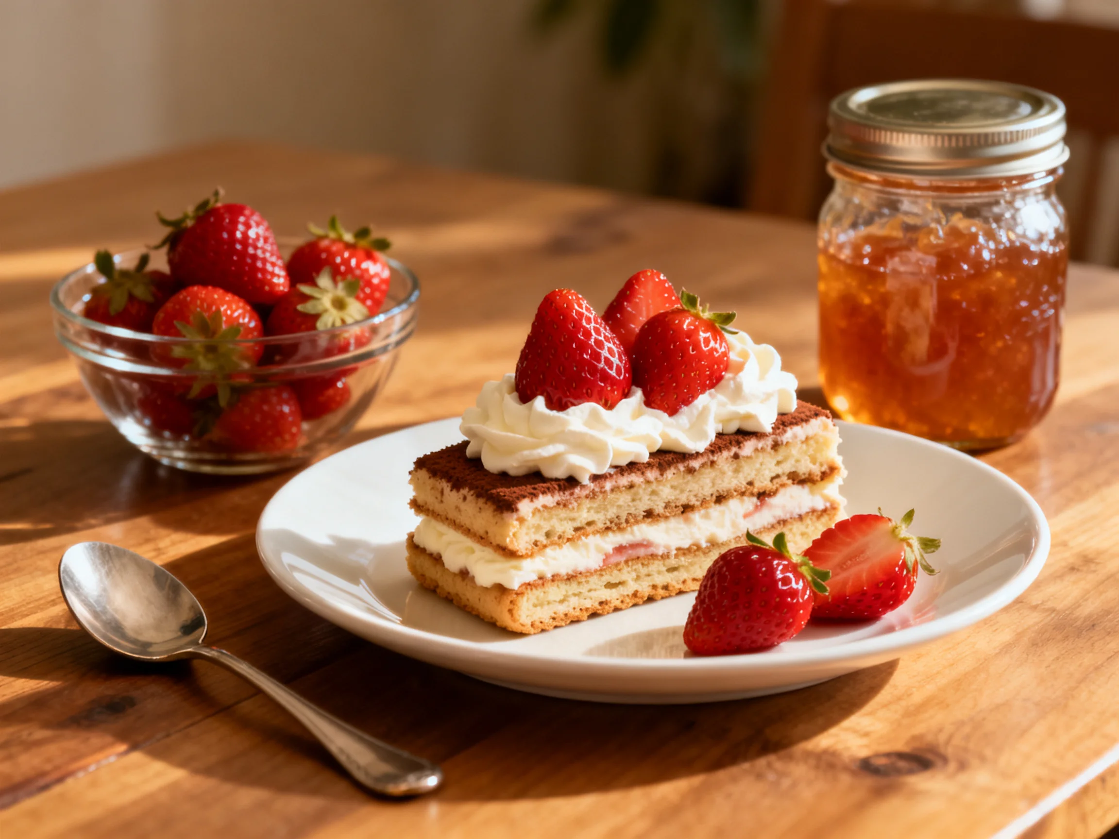 A layered strawberry cake with fresh berries and jam on a wooden table