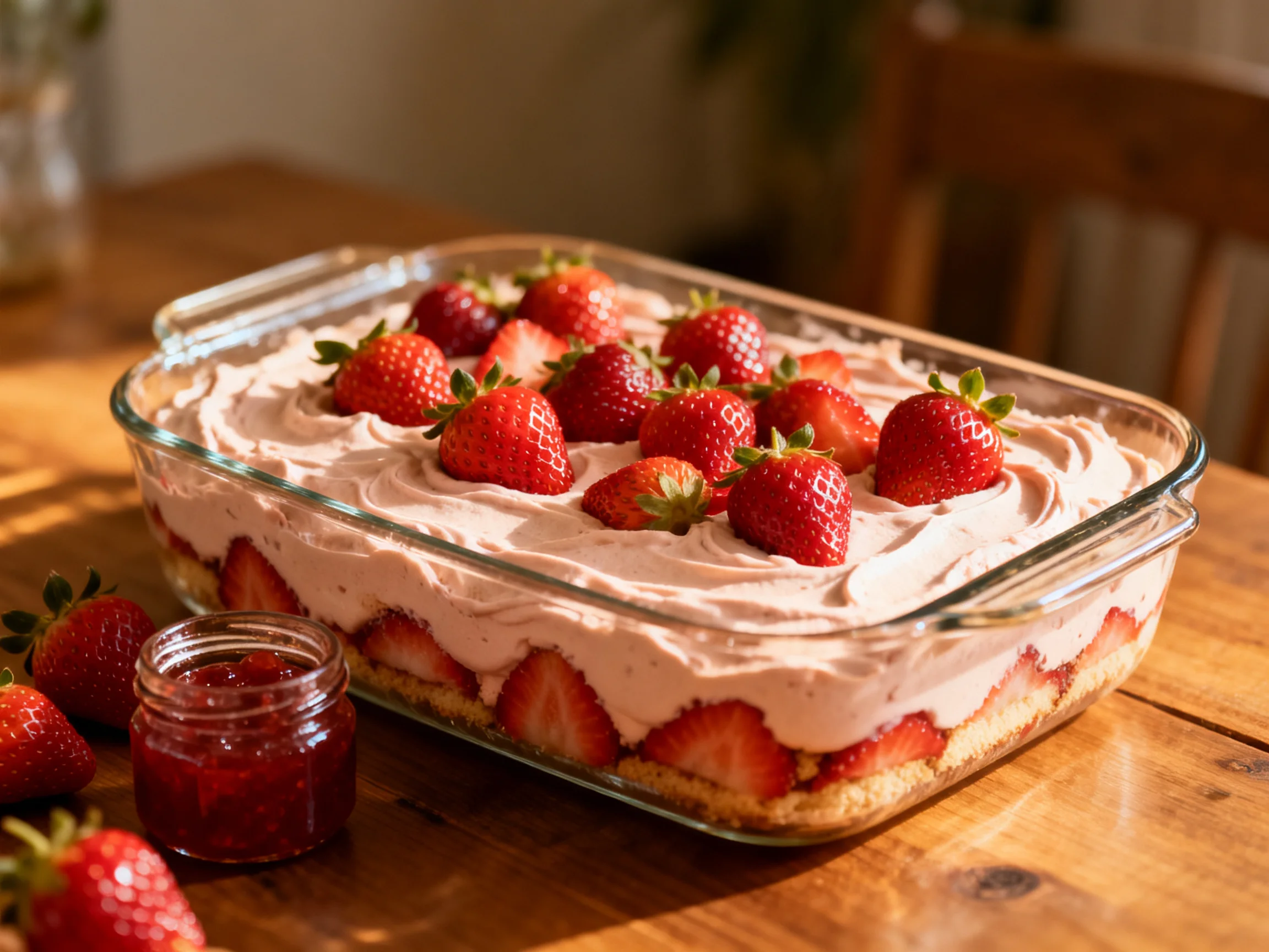 A layered strawberry dessert with fresh strawberries in a glass baking dish