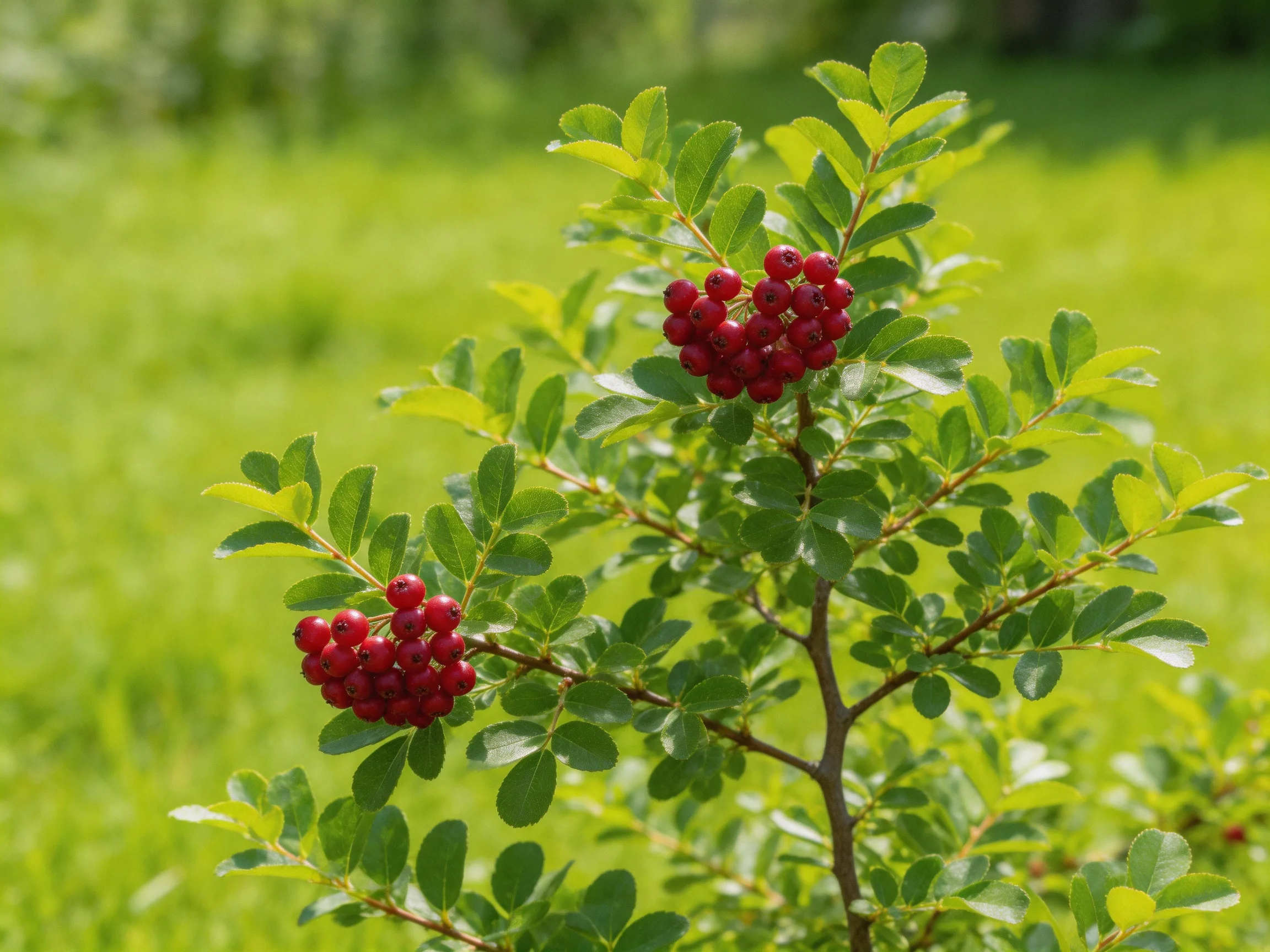 A leafy shrub with two clusters of bright red berries in a sunny field