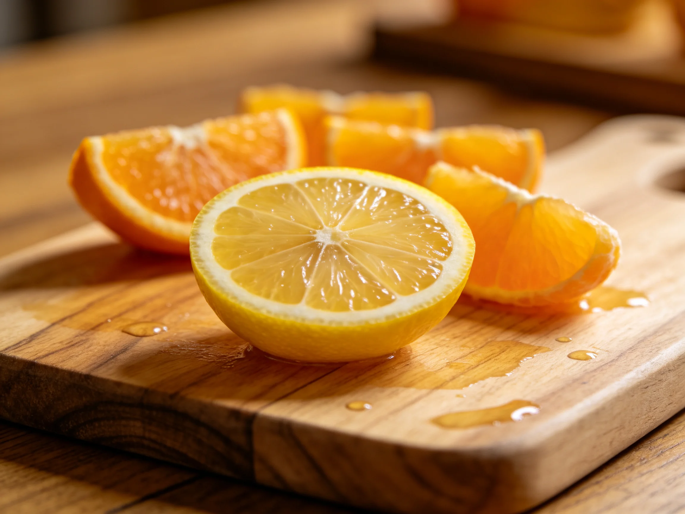A lemon half and orange wedges displayed on a wooden cutting board