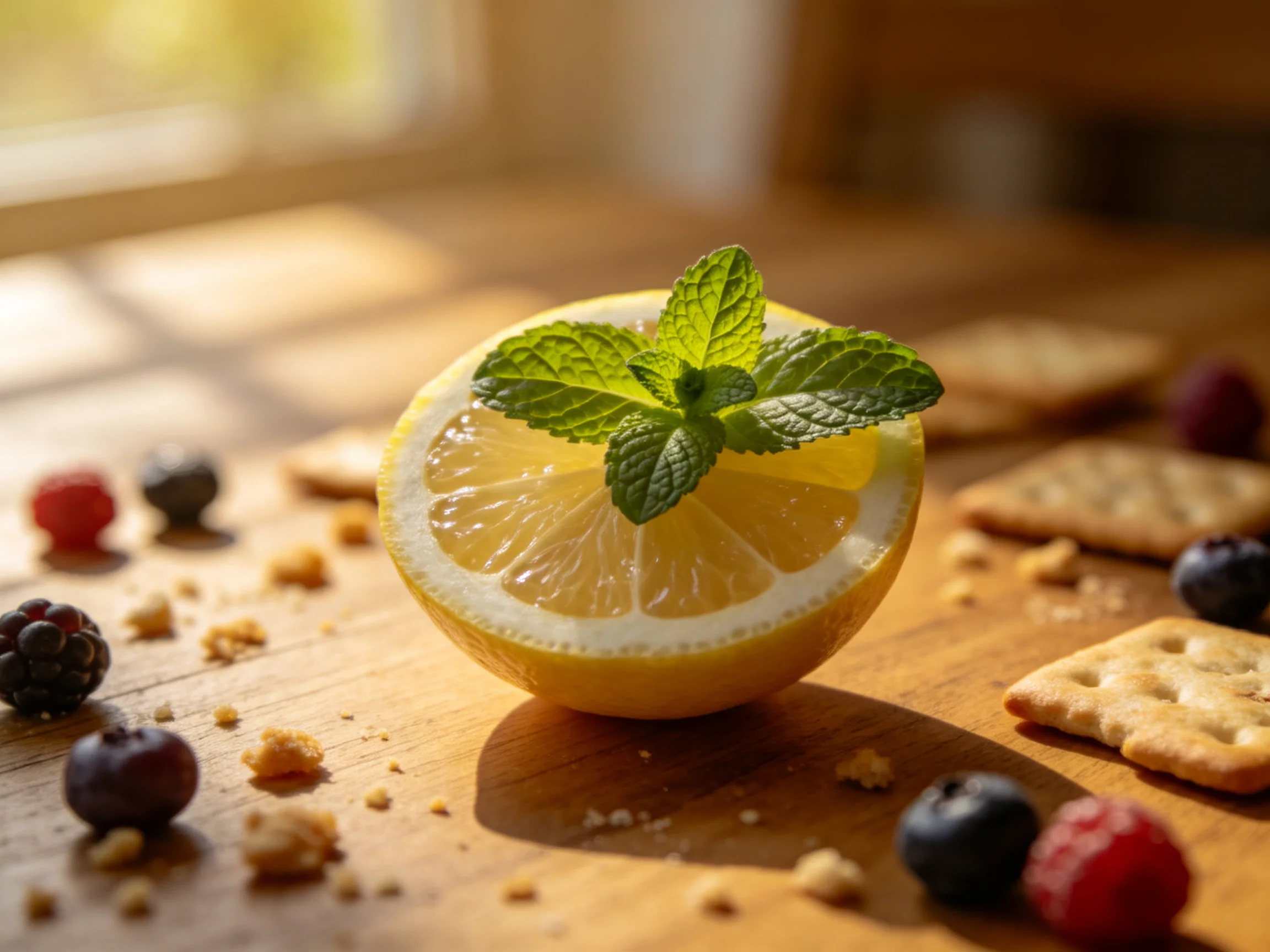 A lemon half garnished with mint, surrounded by berries and crackers on a wooden surface