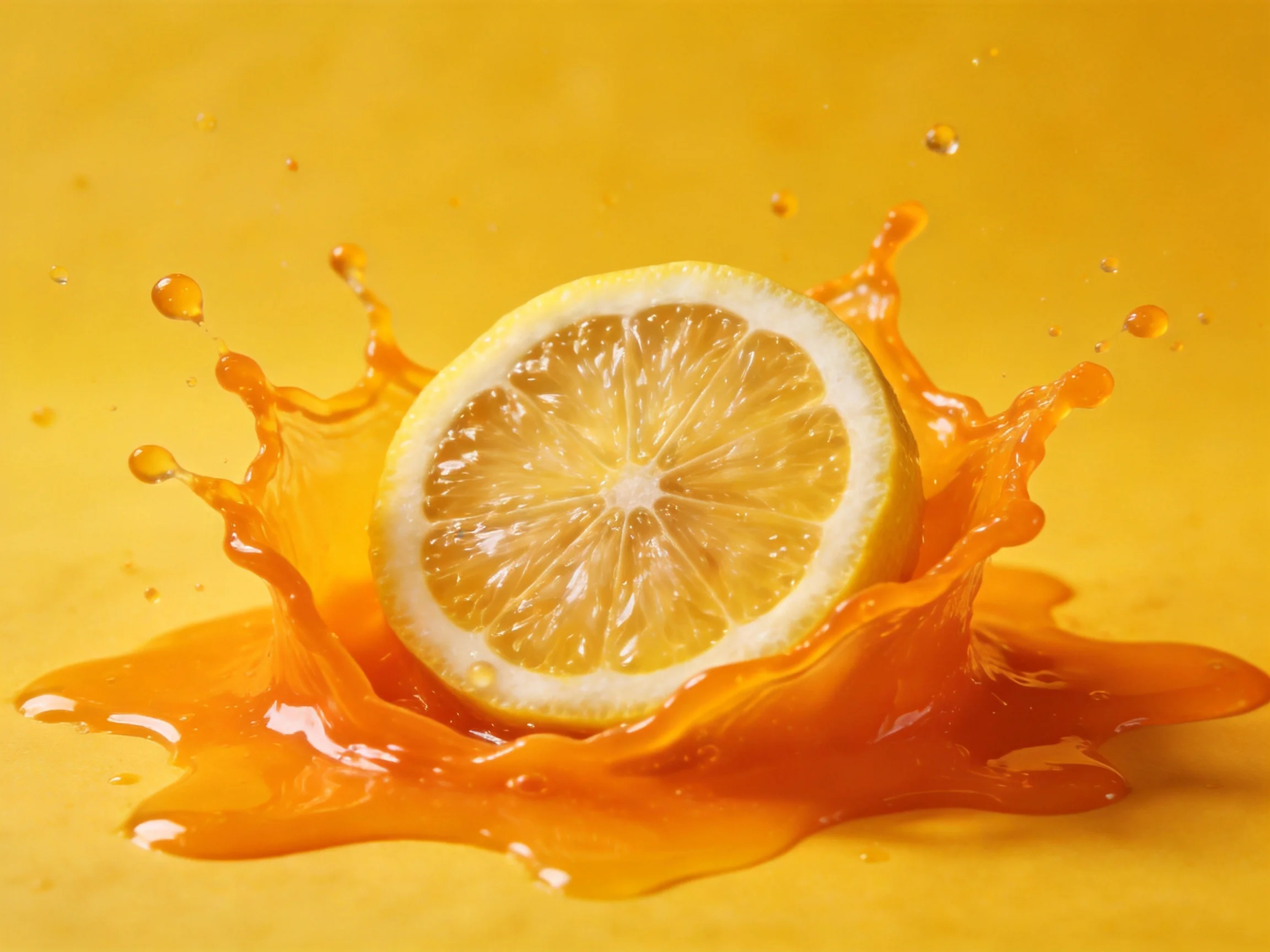 A lemon half splashing into orange liquid on a yellow backdrop