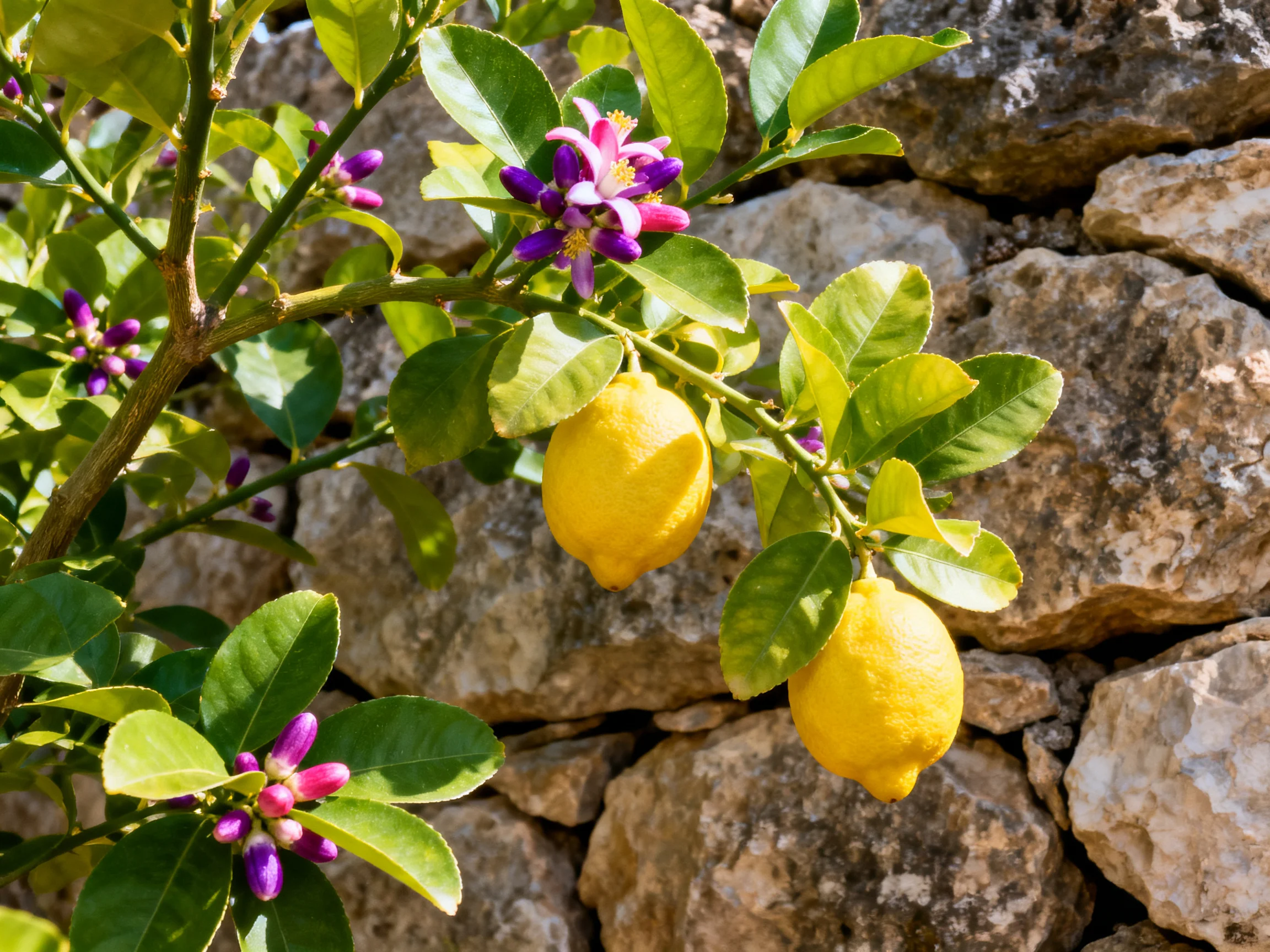 A lemon tree with yellow fruits and purple blooms near a stone wall