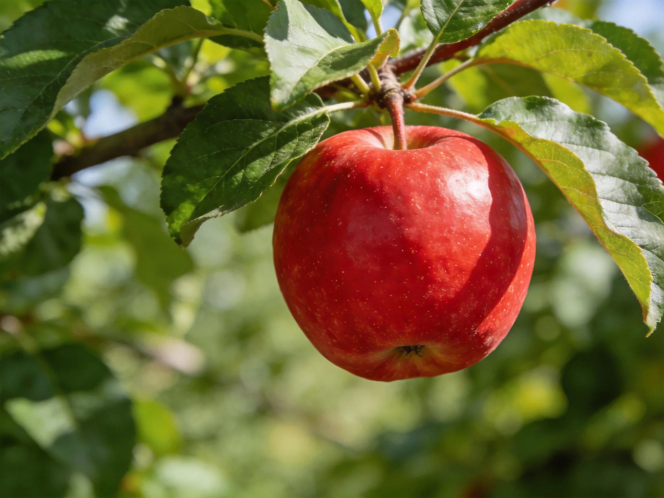 A luscious red apple hangs from a leafy tree branch