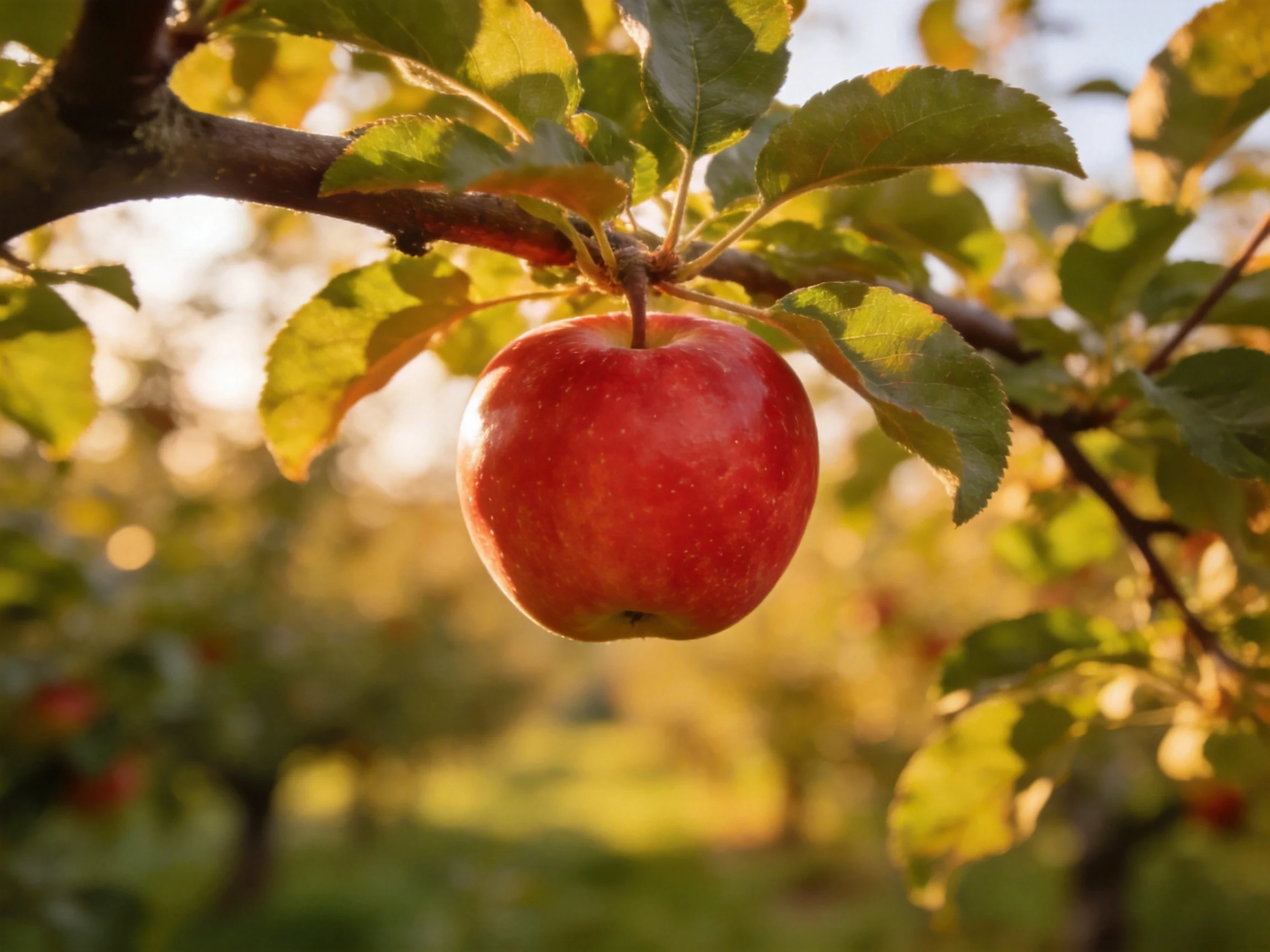 A luscious red apple hangs from an apple tree branch