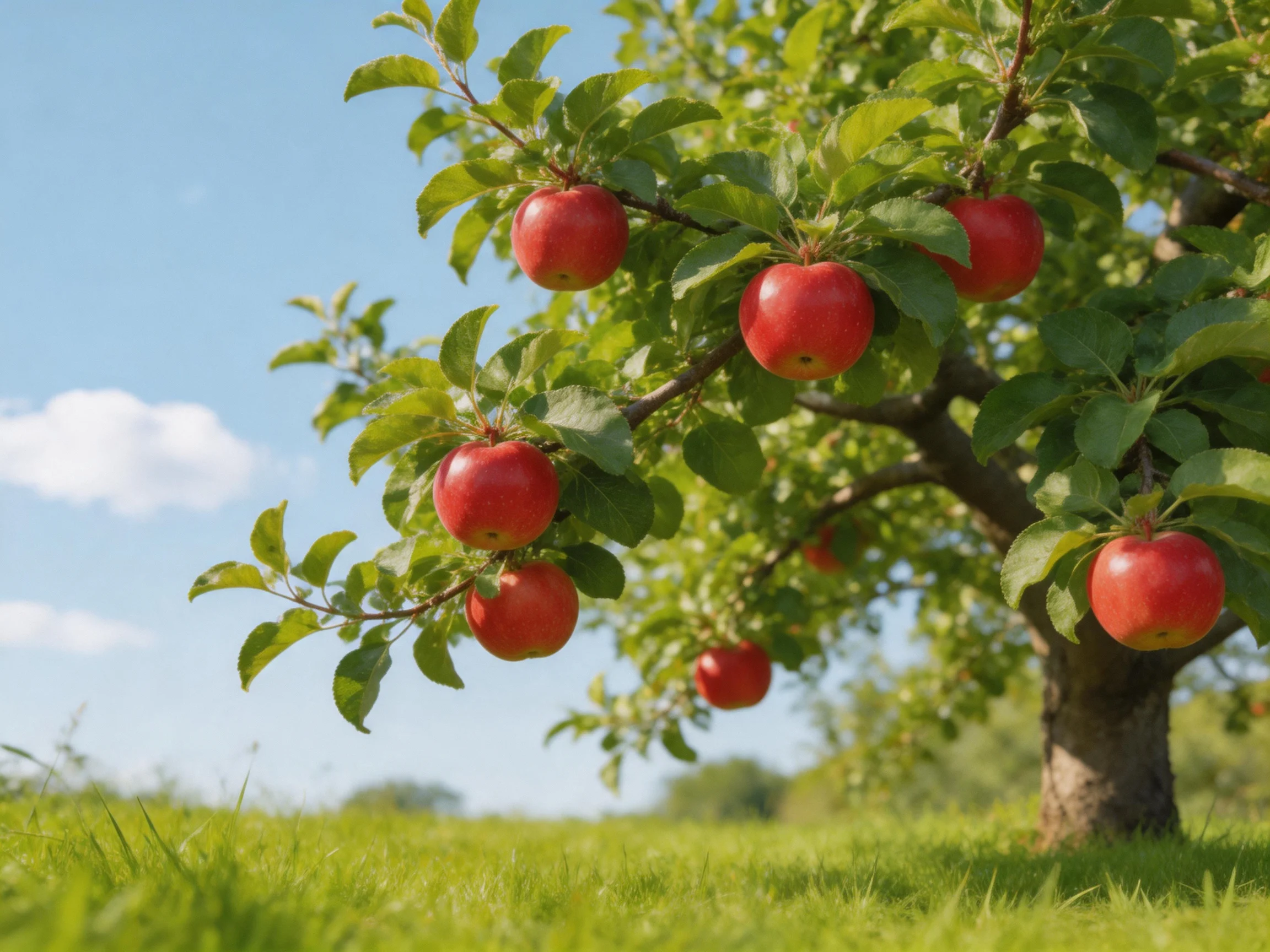 A lush apple tree bears vibrant red fruits amid bright green foliage