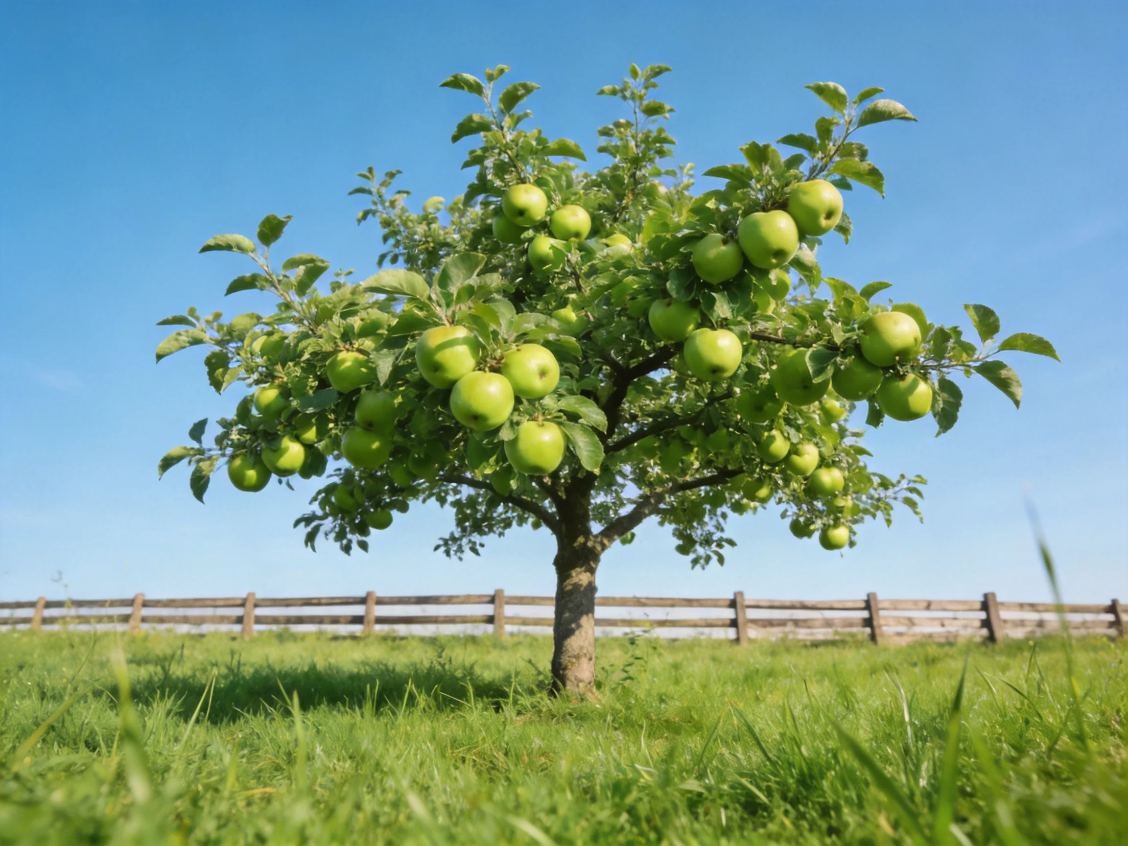 A lush apple tree heavy with green fruits beneath a bright blue sky