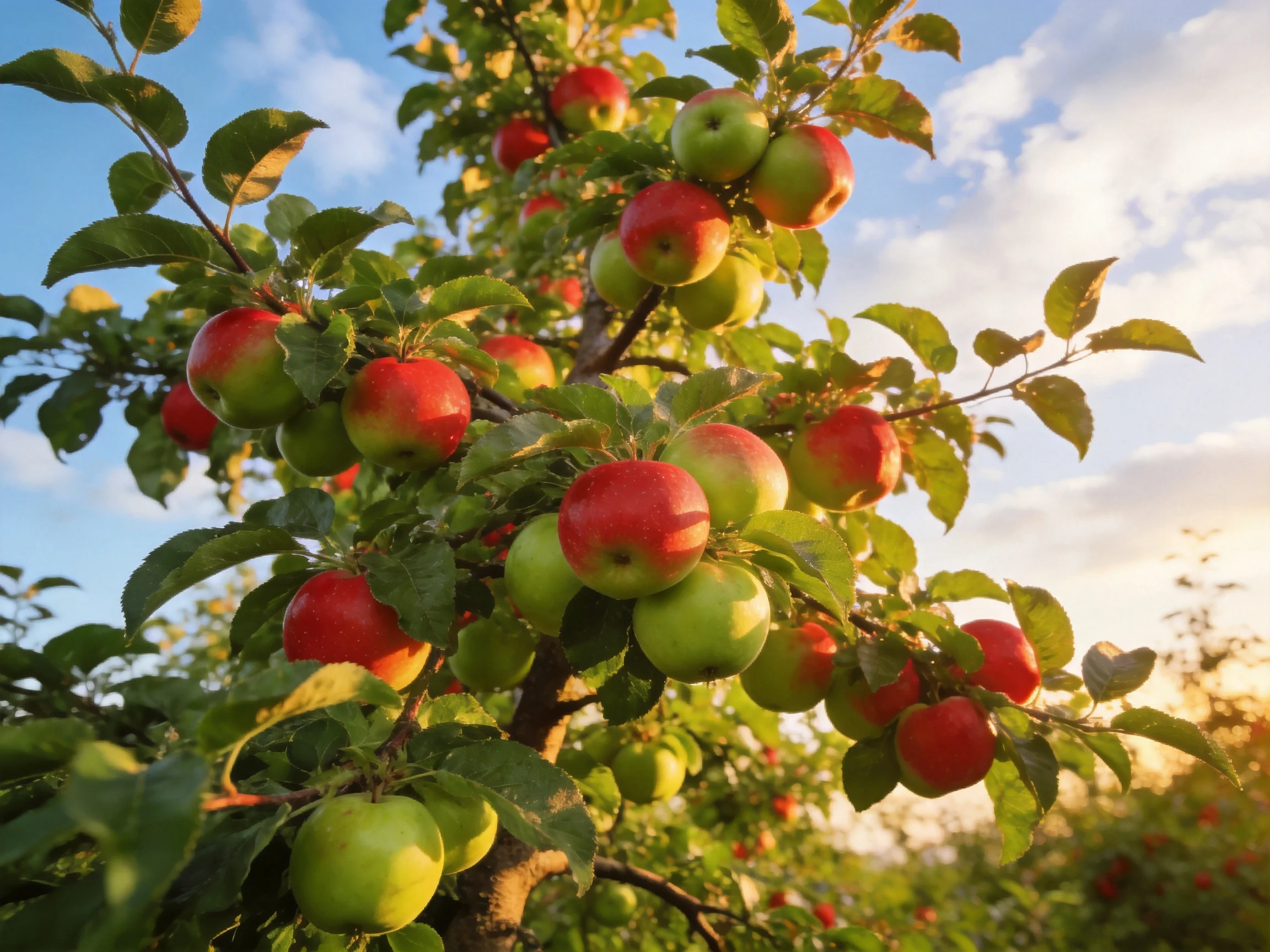 A lush apple tree heavy with red and green fruits under a sunny sky