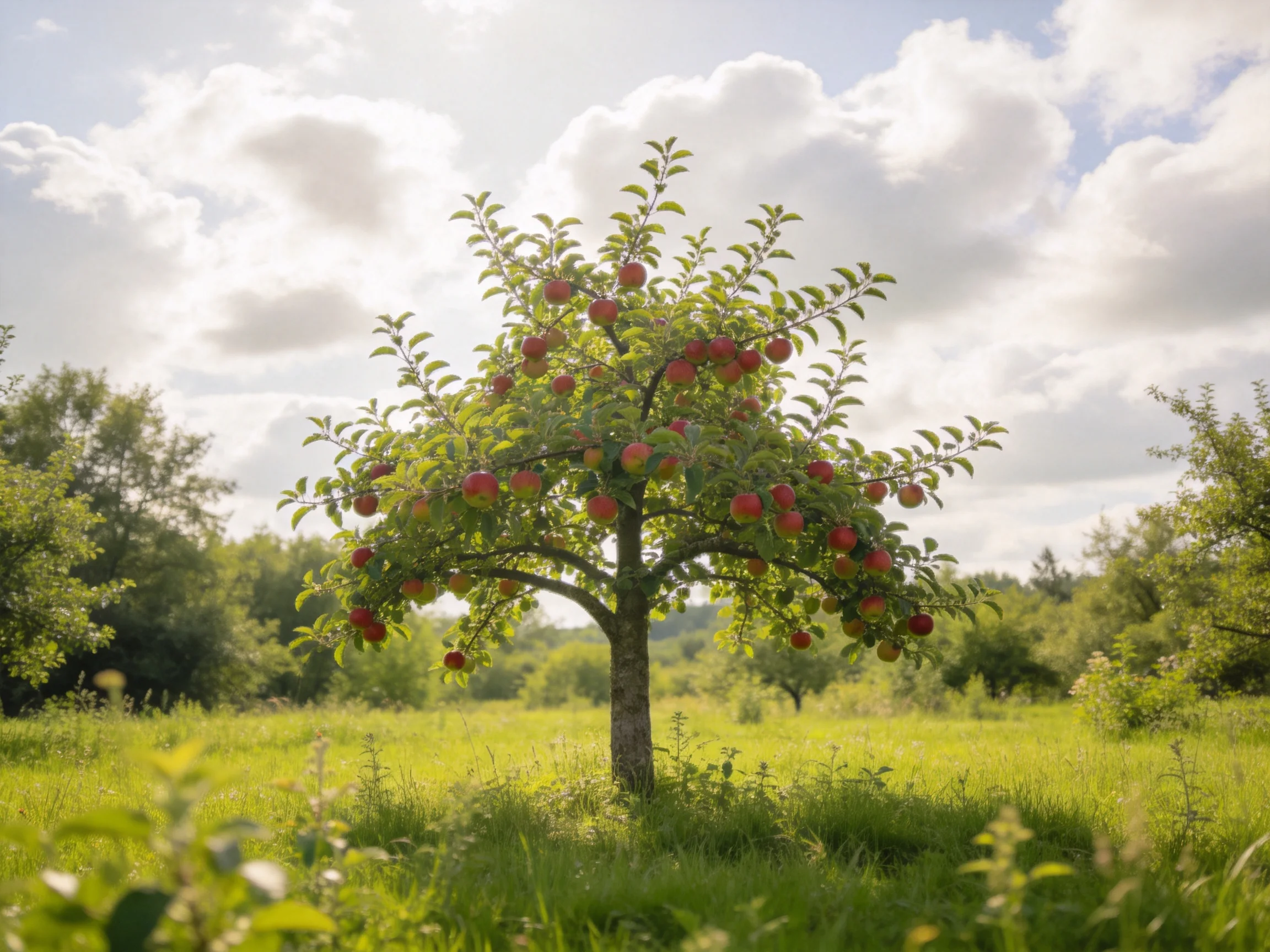 A lush apple tree laden with red fruits in a sun-dappled green meadow