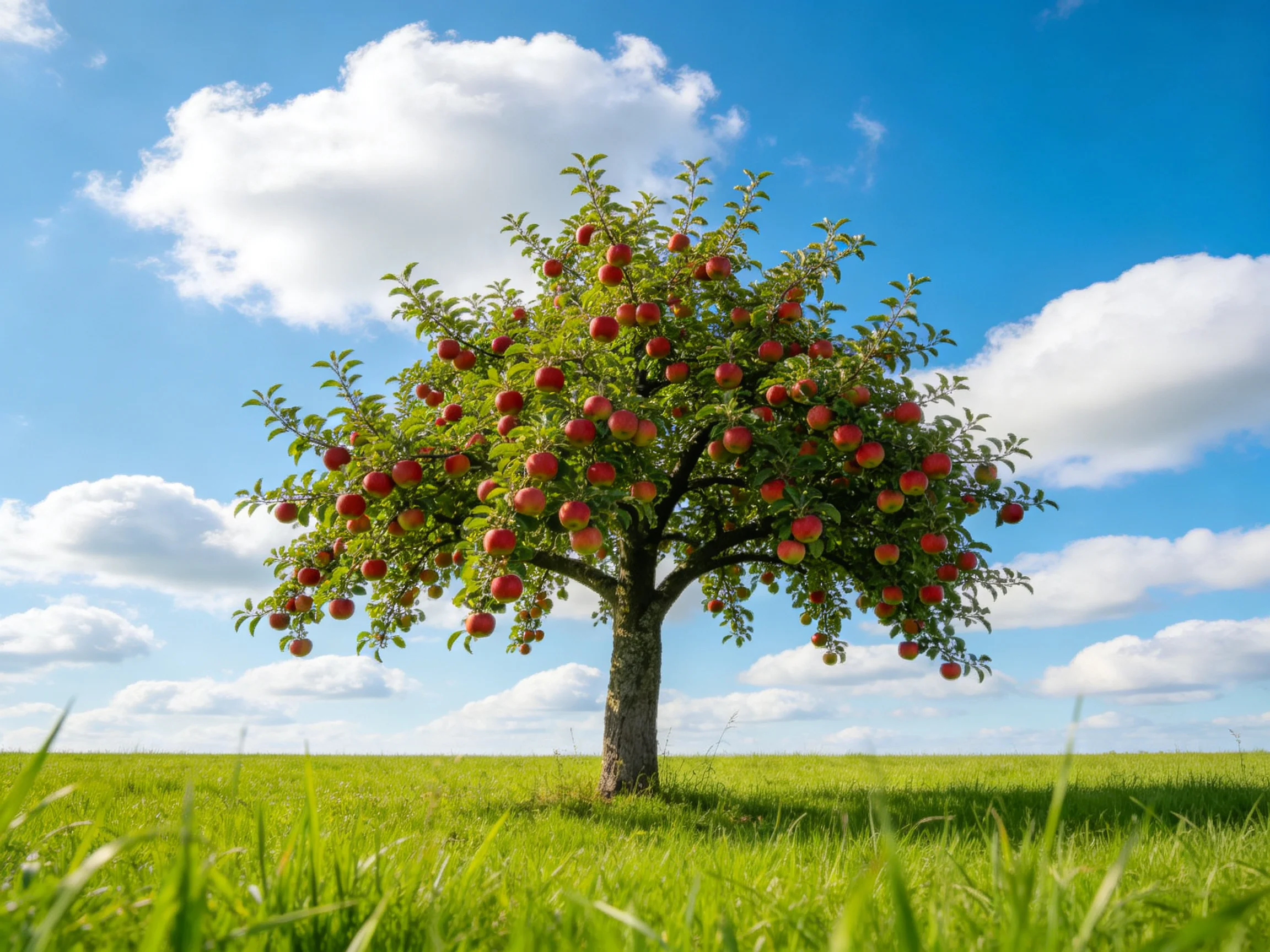 A lush apple tree laden with red fruits stands alone in a green field
