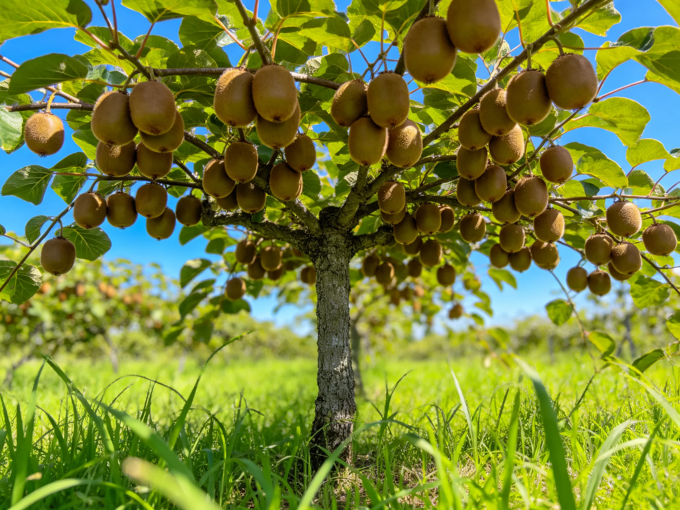 A lush kiwi tree abundant with brown fruits beneath a clear blue sky