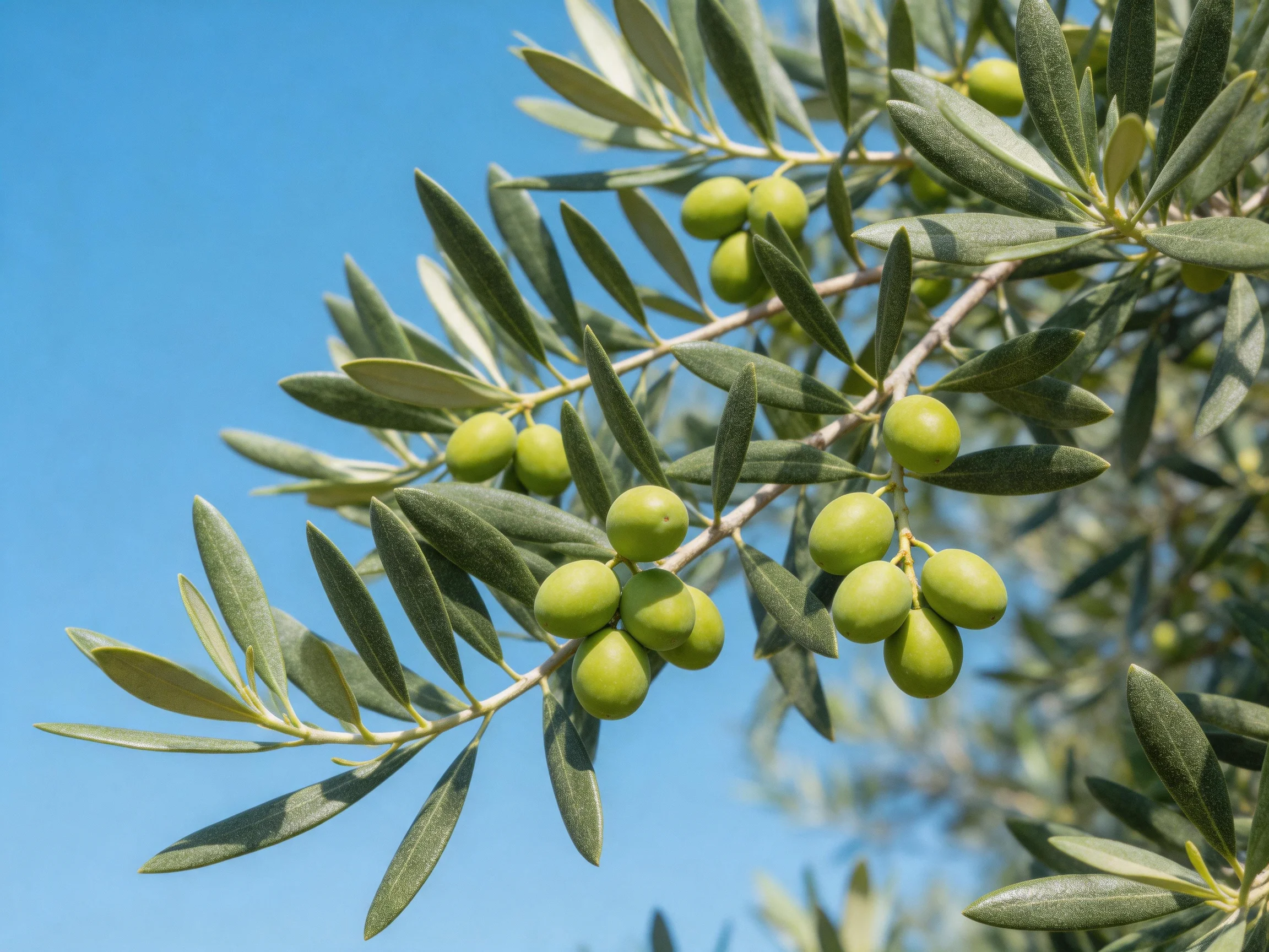A lush olive branch bears vibrant green olives under a bright blue sky