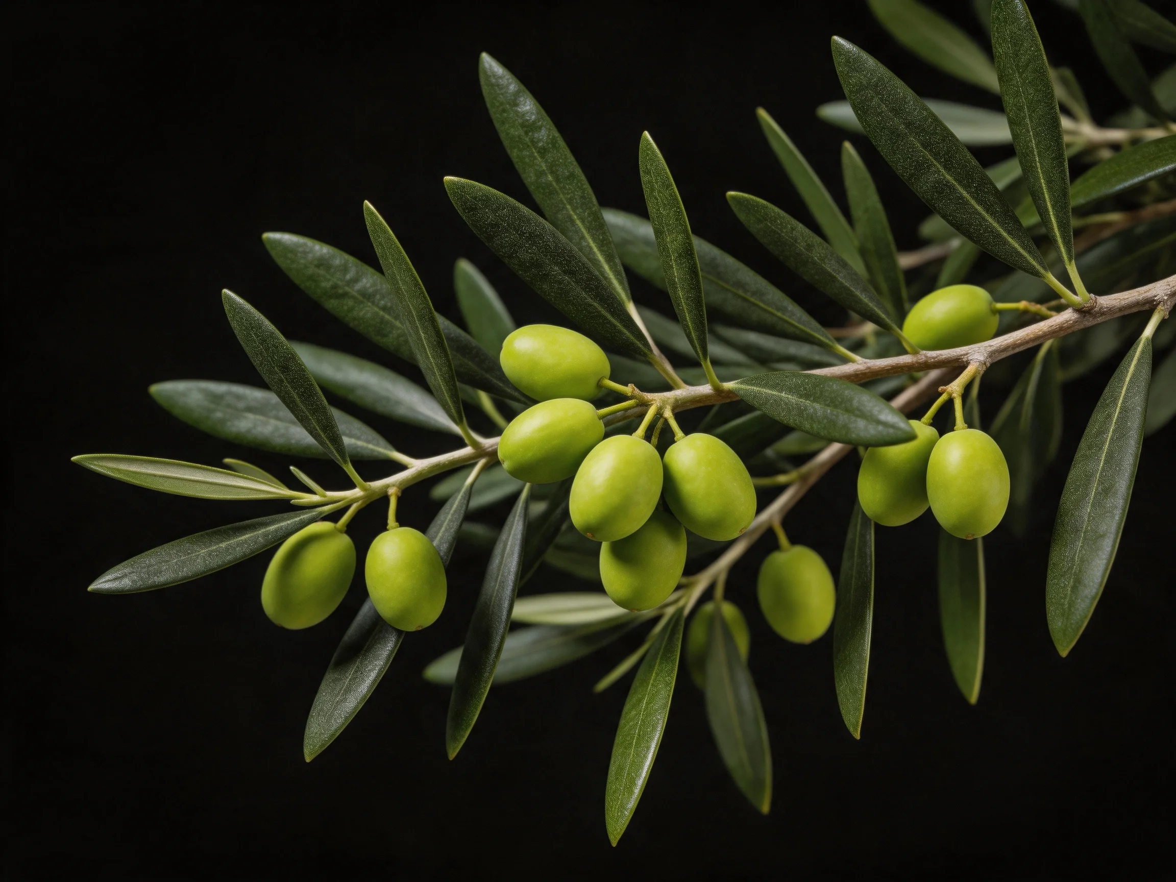 A lush olive branch with vibrant green olives and elongated leaves