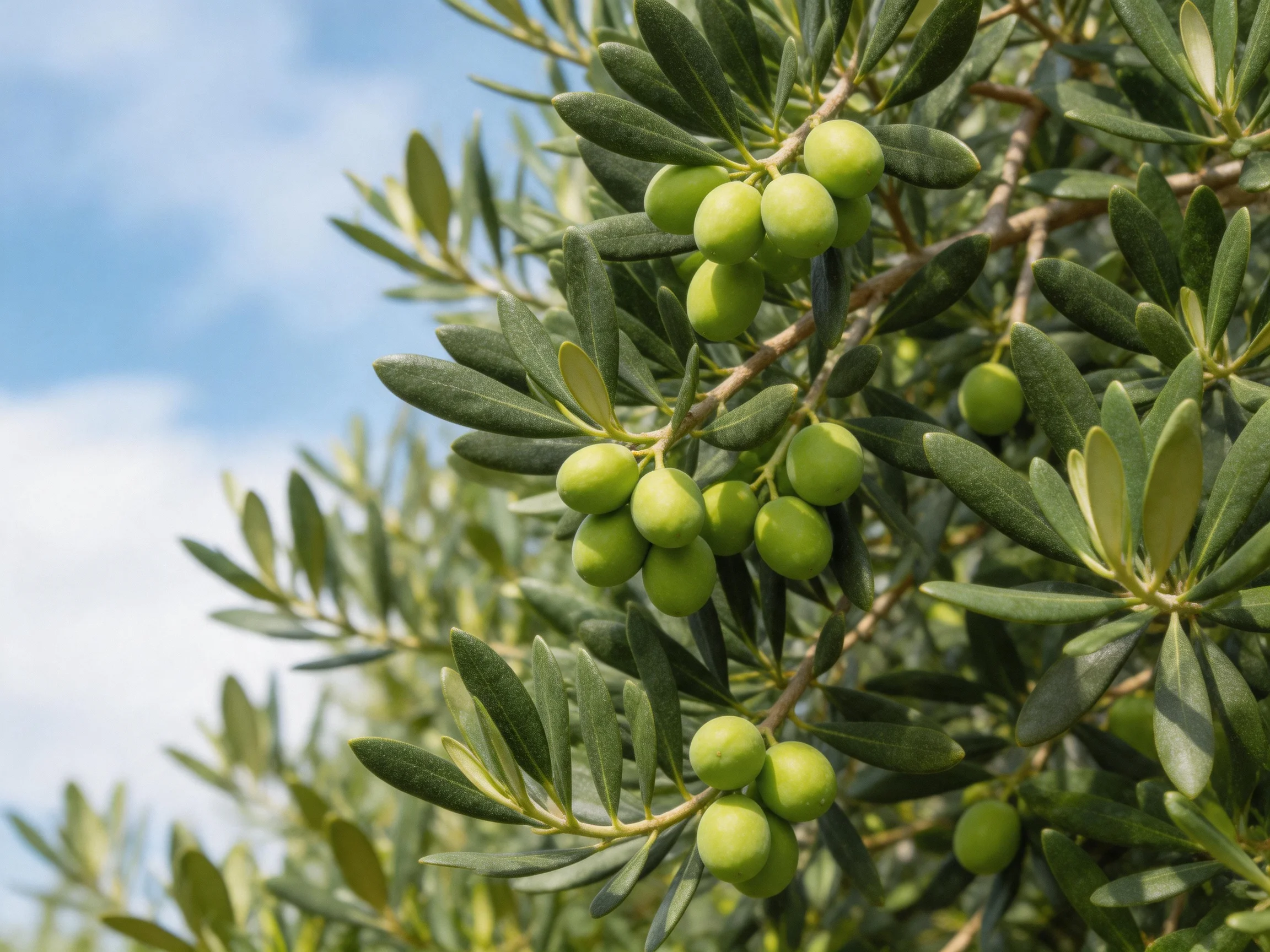 A lush olive tree with numerous green olive clusters