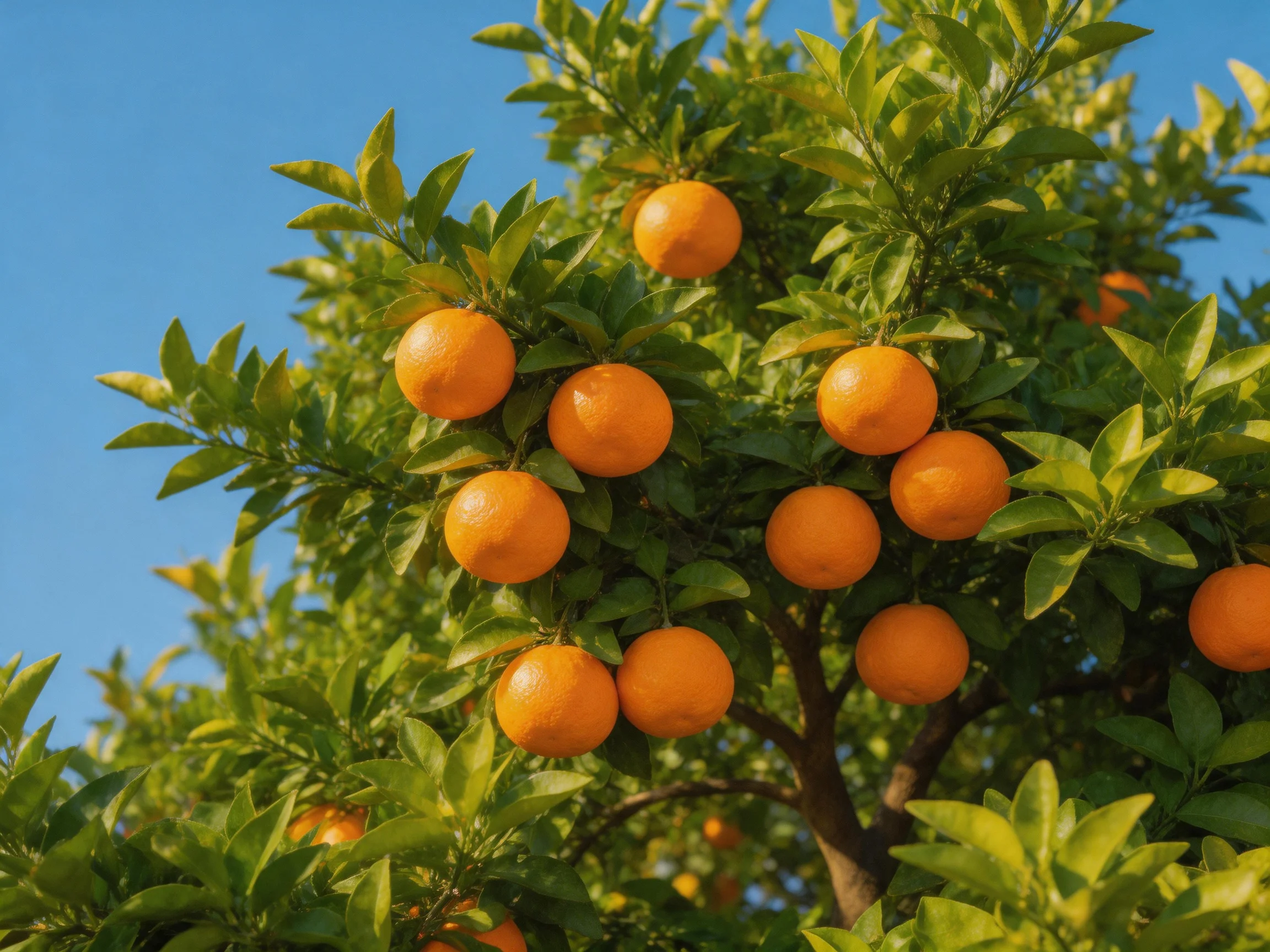 A lush orange tree abundant with ripe fruits under a clear blue sky