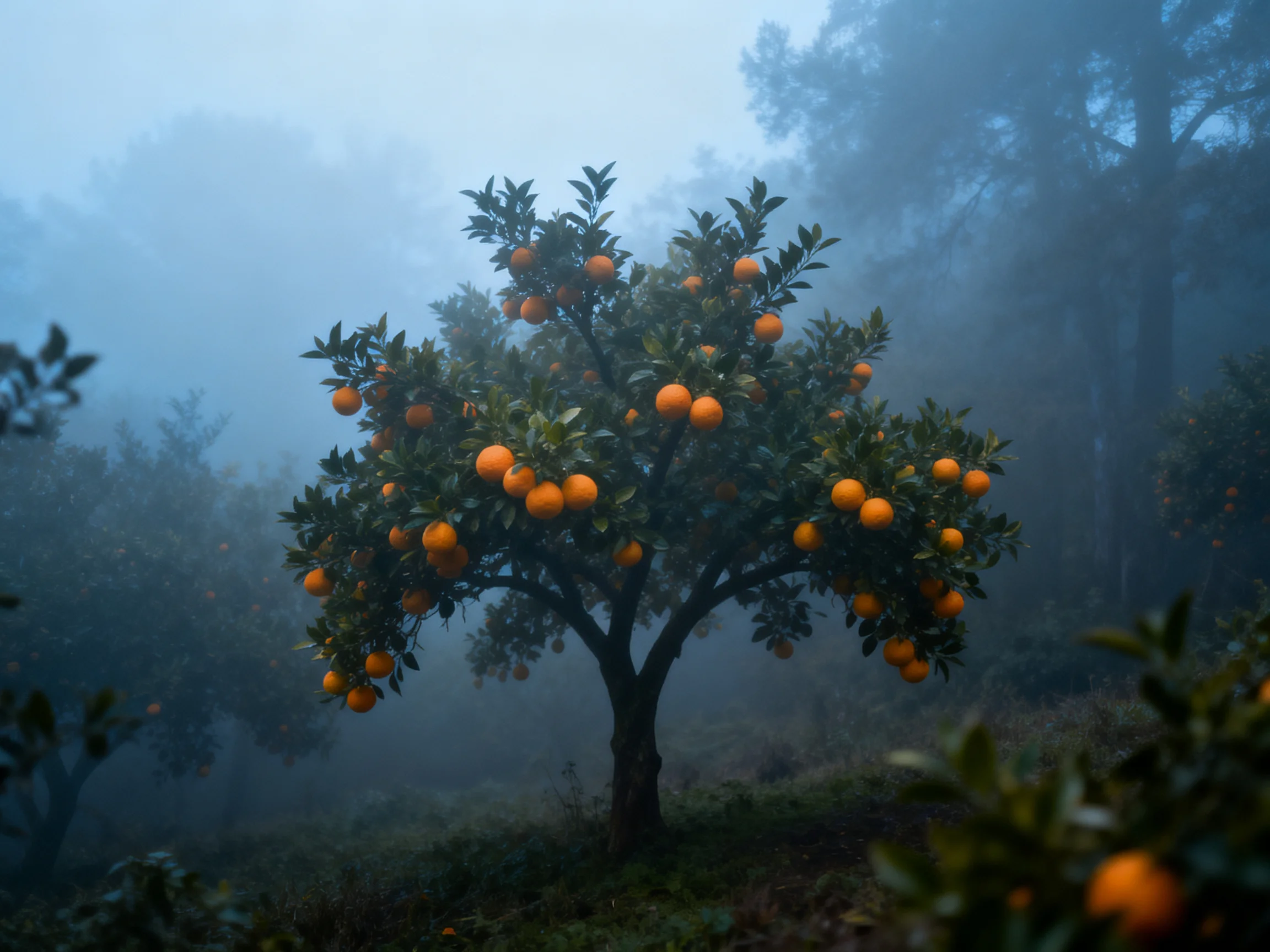 A lush orange tree abundant with vibrant fruits amidst dense morning fog