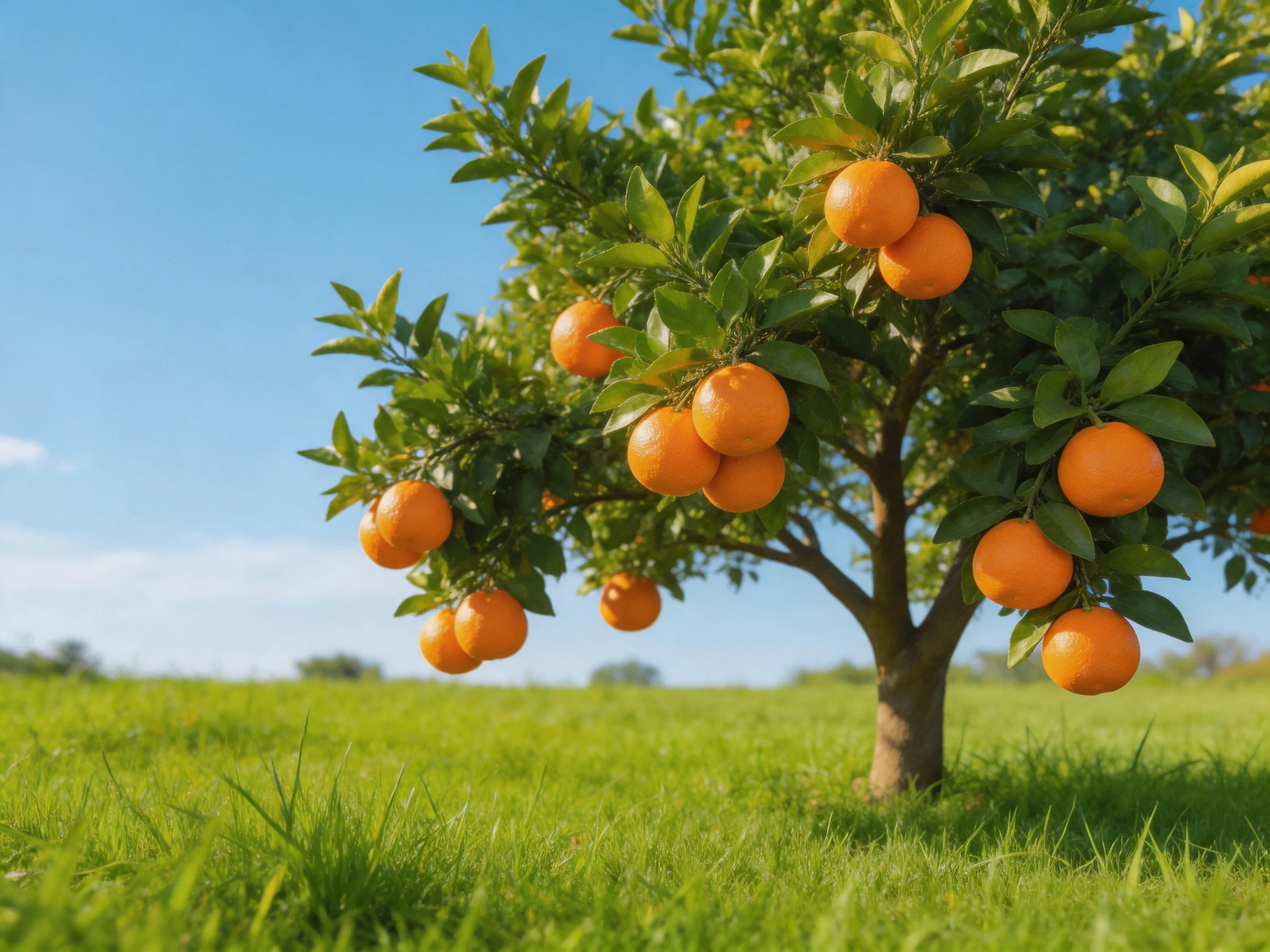 A lush orange tree abundant with vibrant fruits in a green meadow