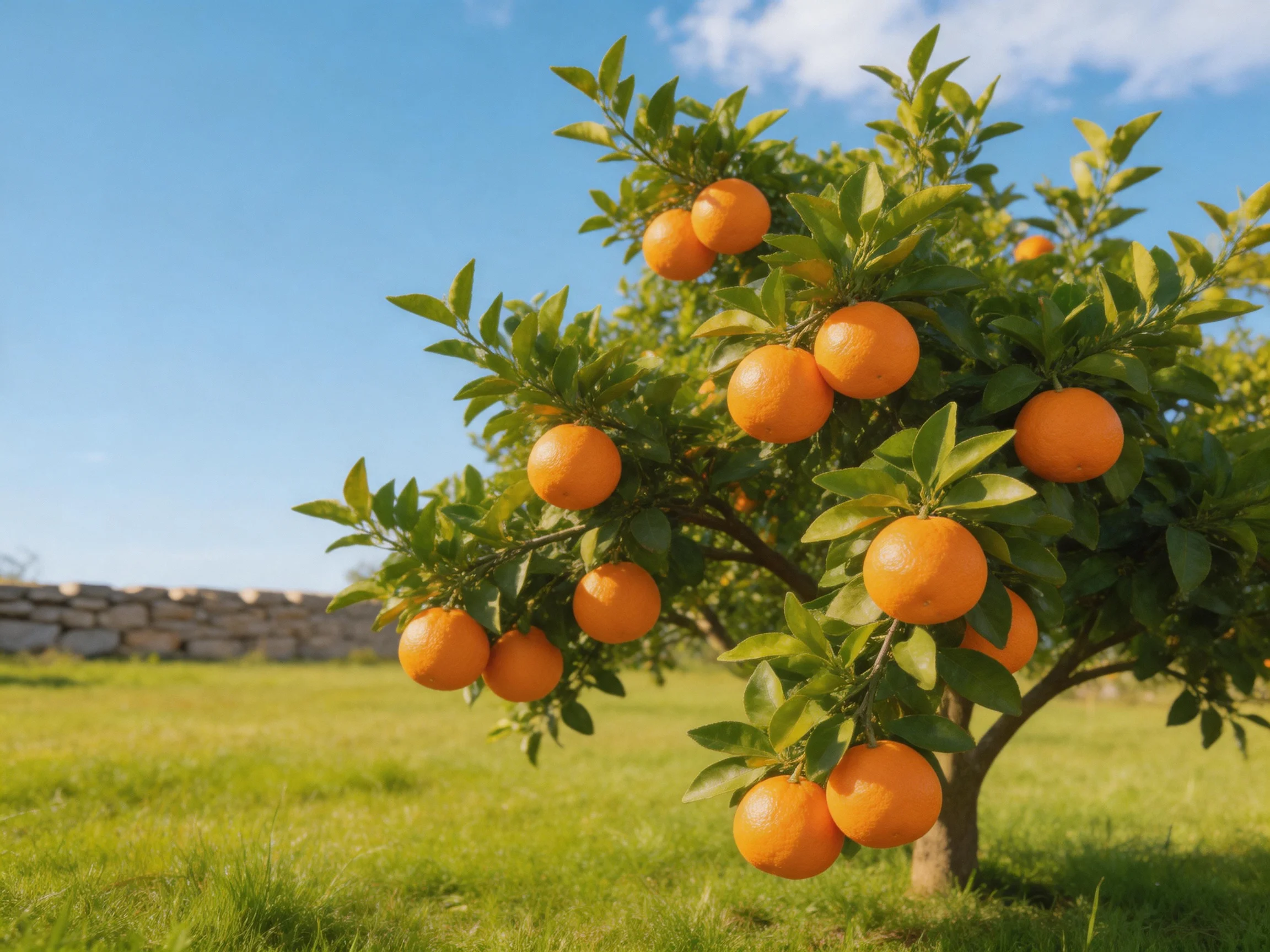 A lush orange tree bears numerous ripe fruits amid green foliage