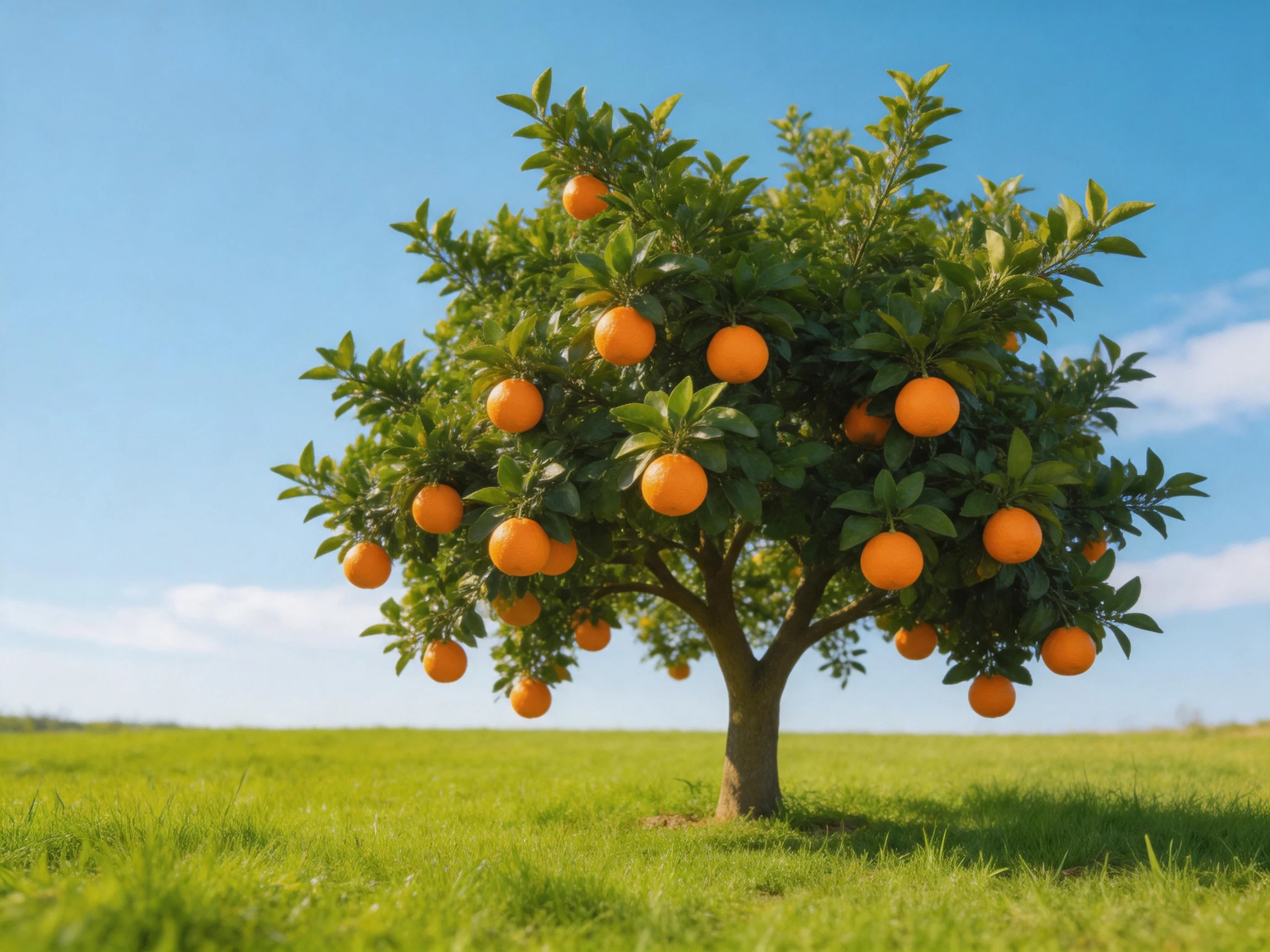 A lush orange tree laden with bright fruits in a green meadow