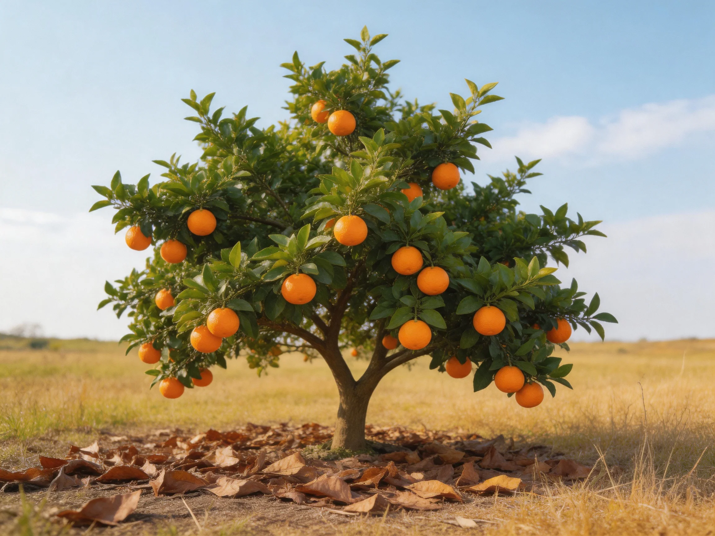 A lush orange tree laden with bright fruits in an open field