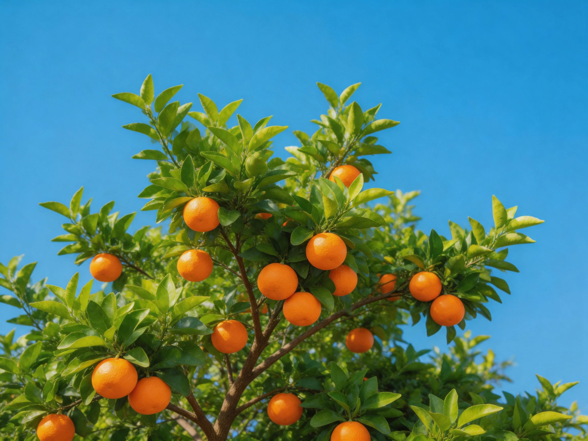 A lush orange tree laden with vibrant fruits against a clear blue sky