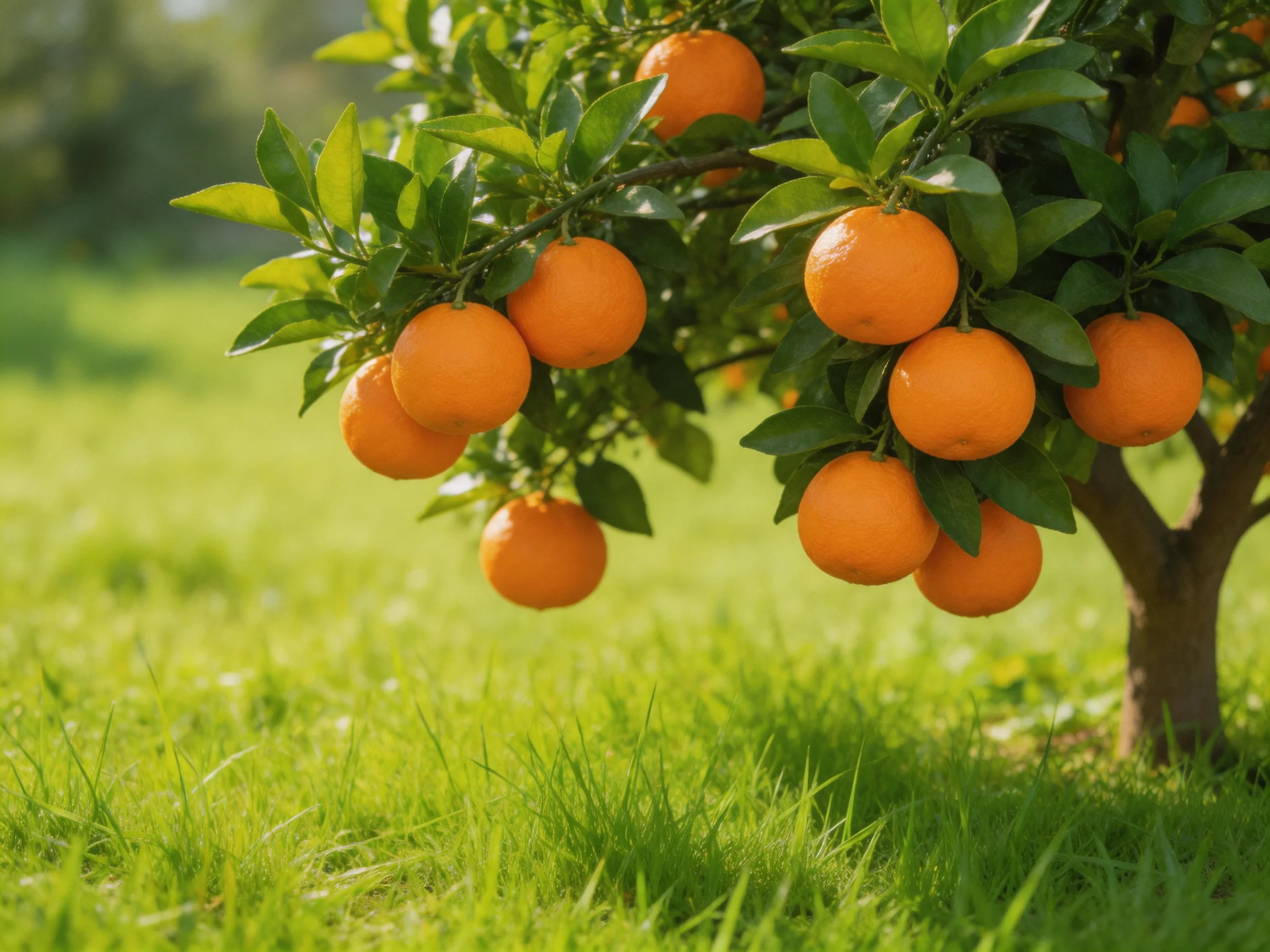 A lush orange tree laden with vibrant fruits amid bright green grass