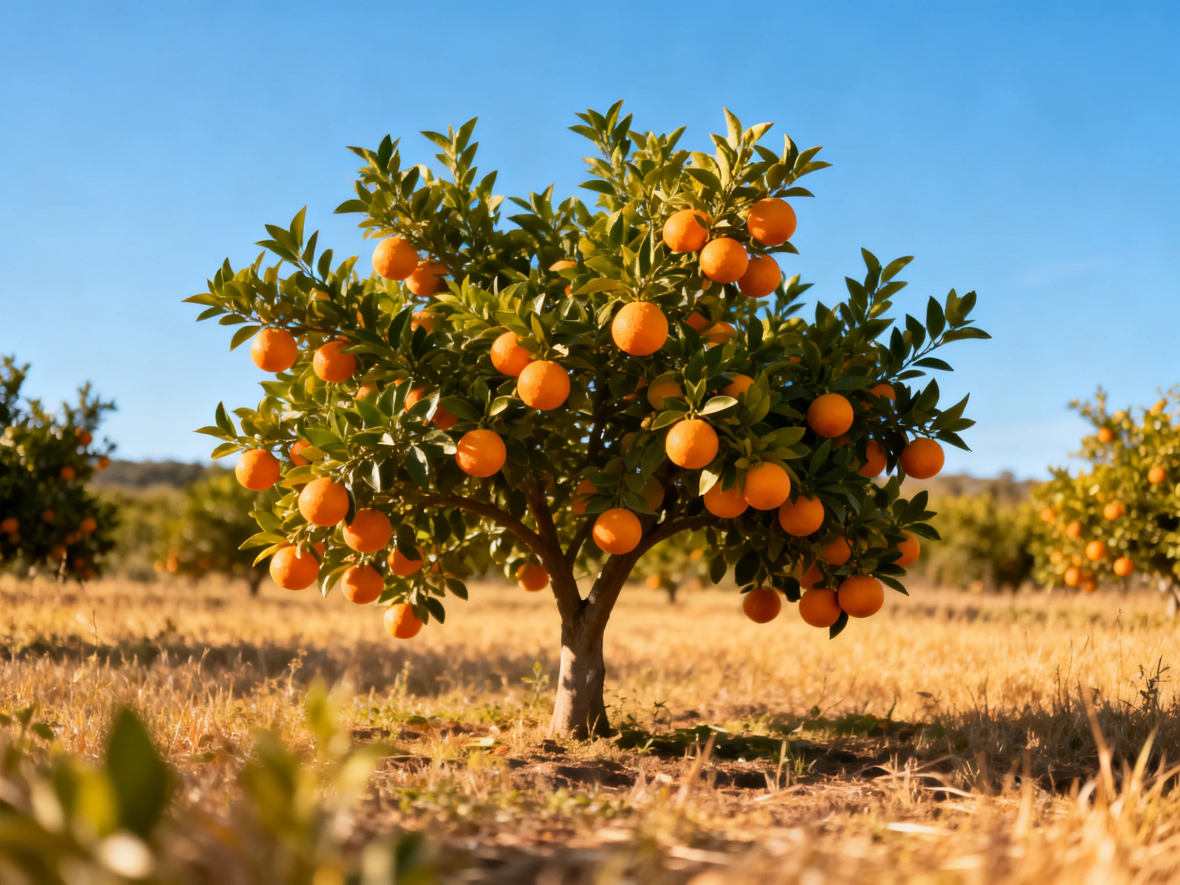 A lush orange tree laden with vibrant fruits in a sun-drenched orchard