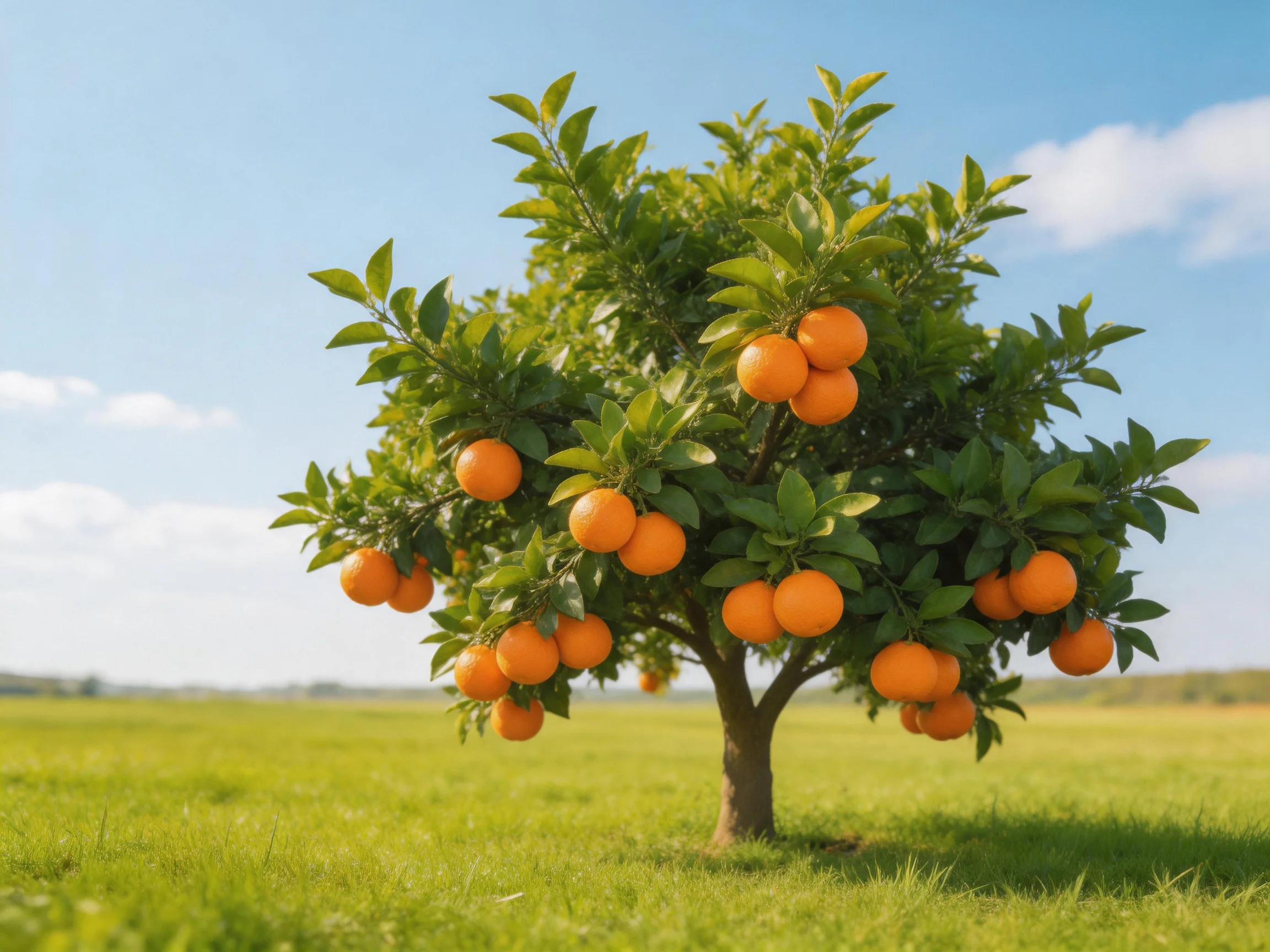 A lush orange tree laden with vibrant fruits in a sunny meadow
