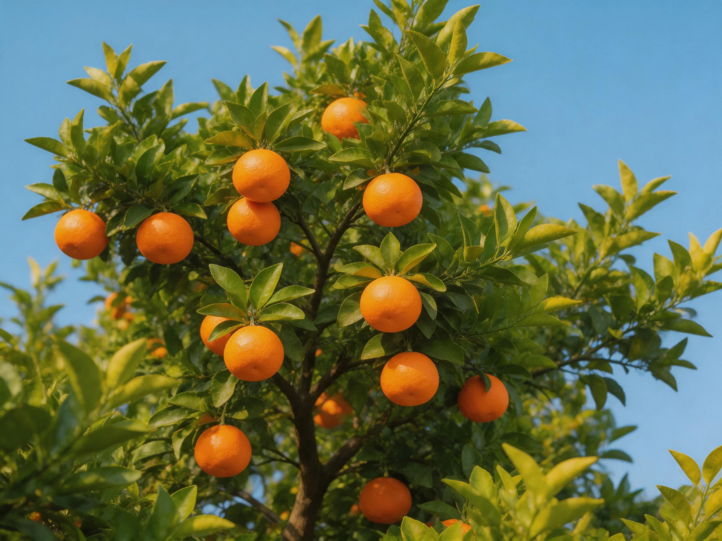 A lush orange tree laden with vibrant oranges against a clear blue sky