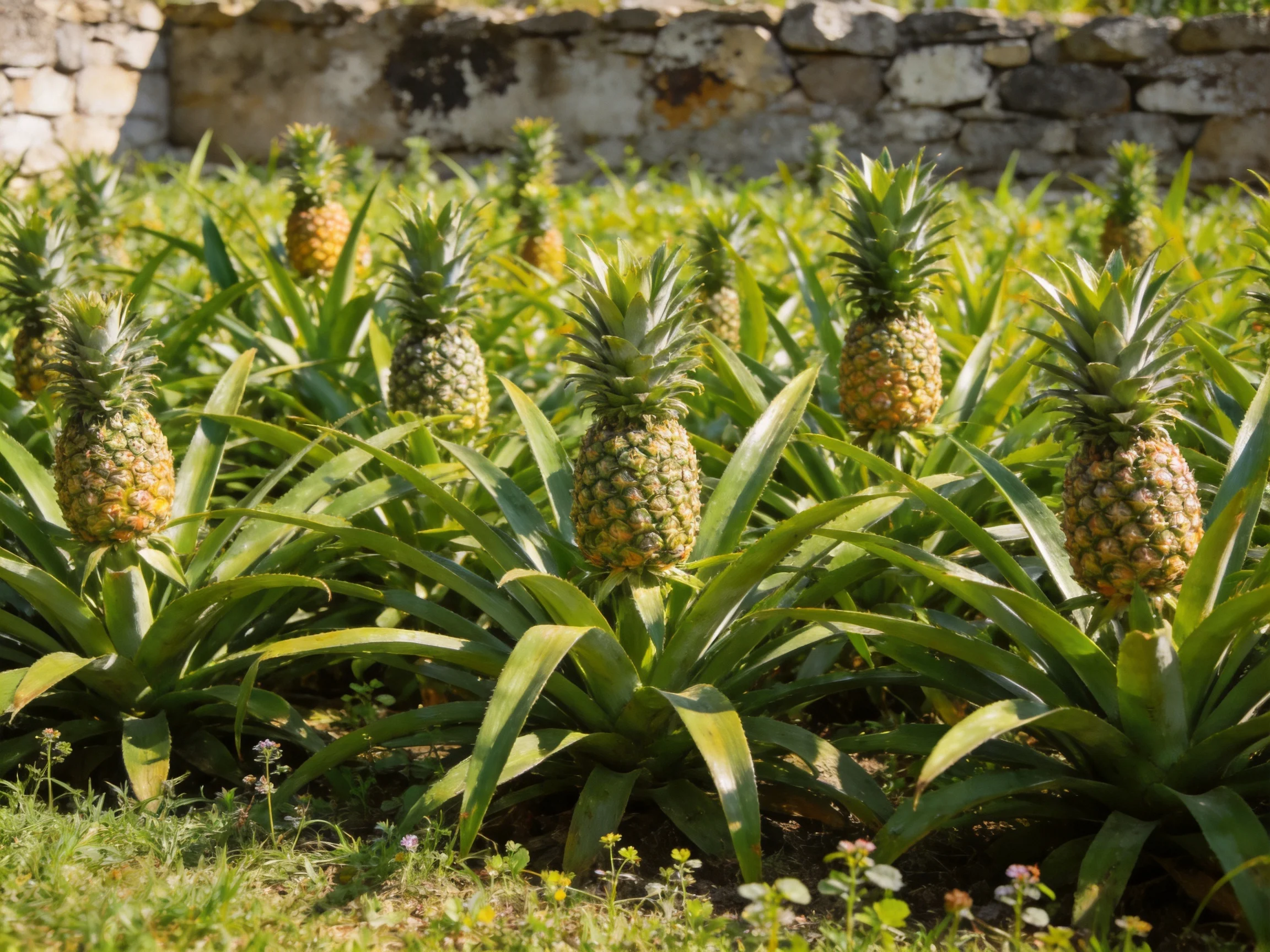 A lush pineapple field with vibrant green foliage and stone walls
