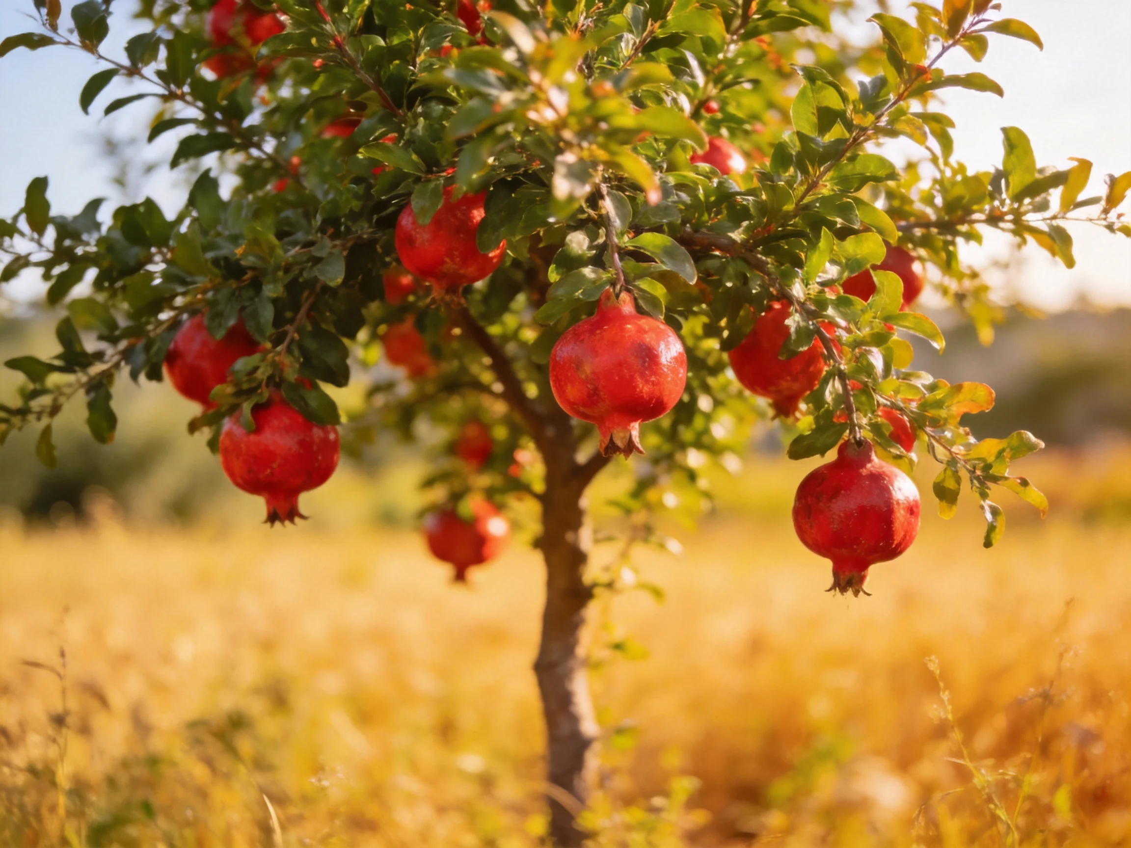 A lush pomegranate tree bears vibrant red fruits amid golden fields