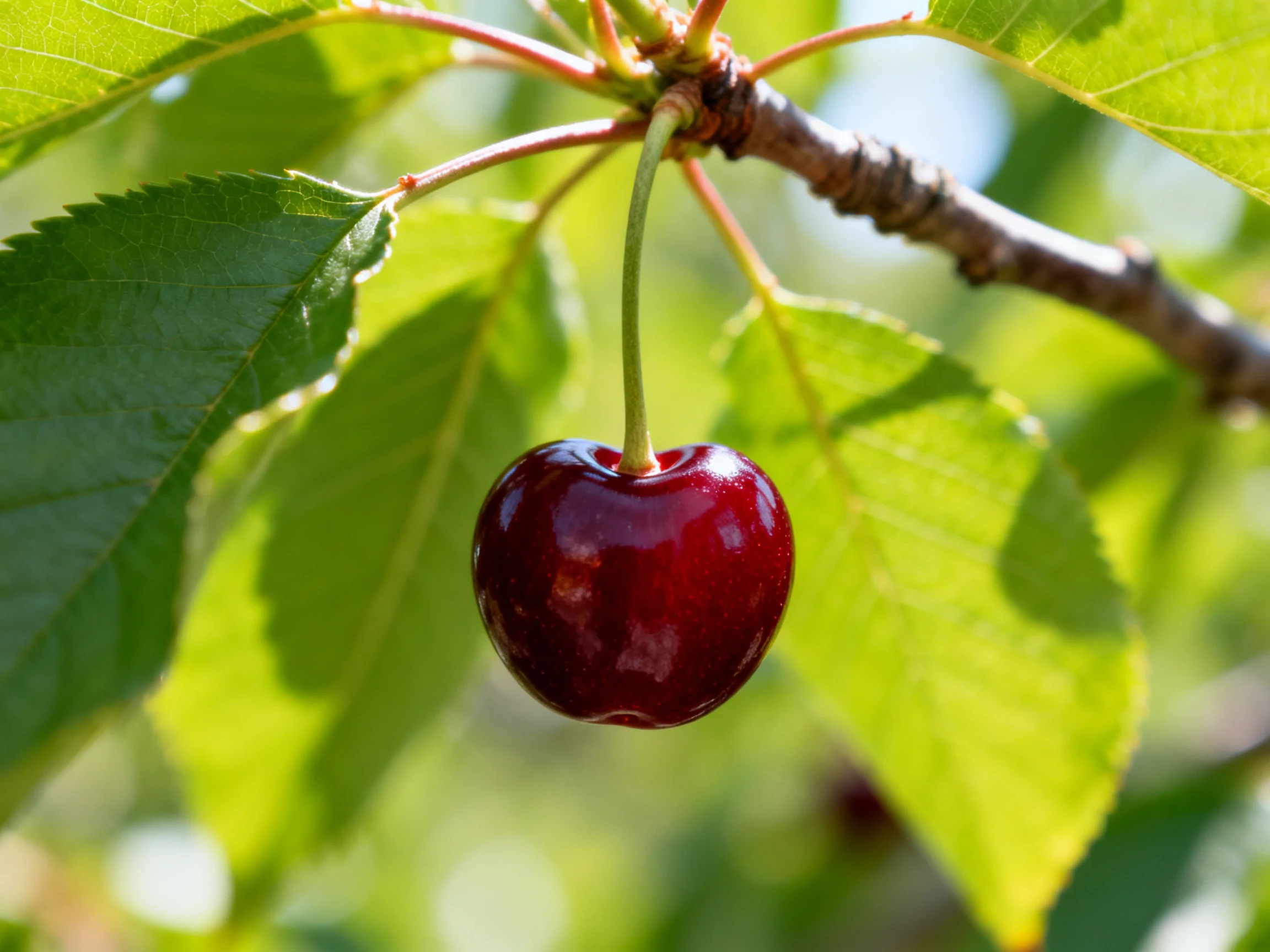 A lustrous dark red cherry hangs from a tree branch amid vibrant green foliage