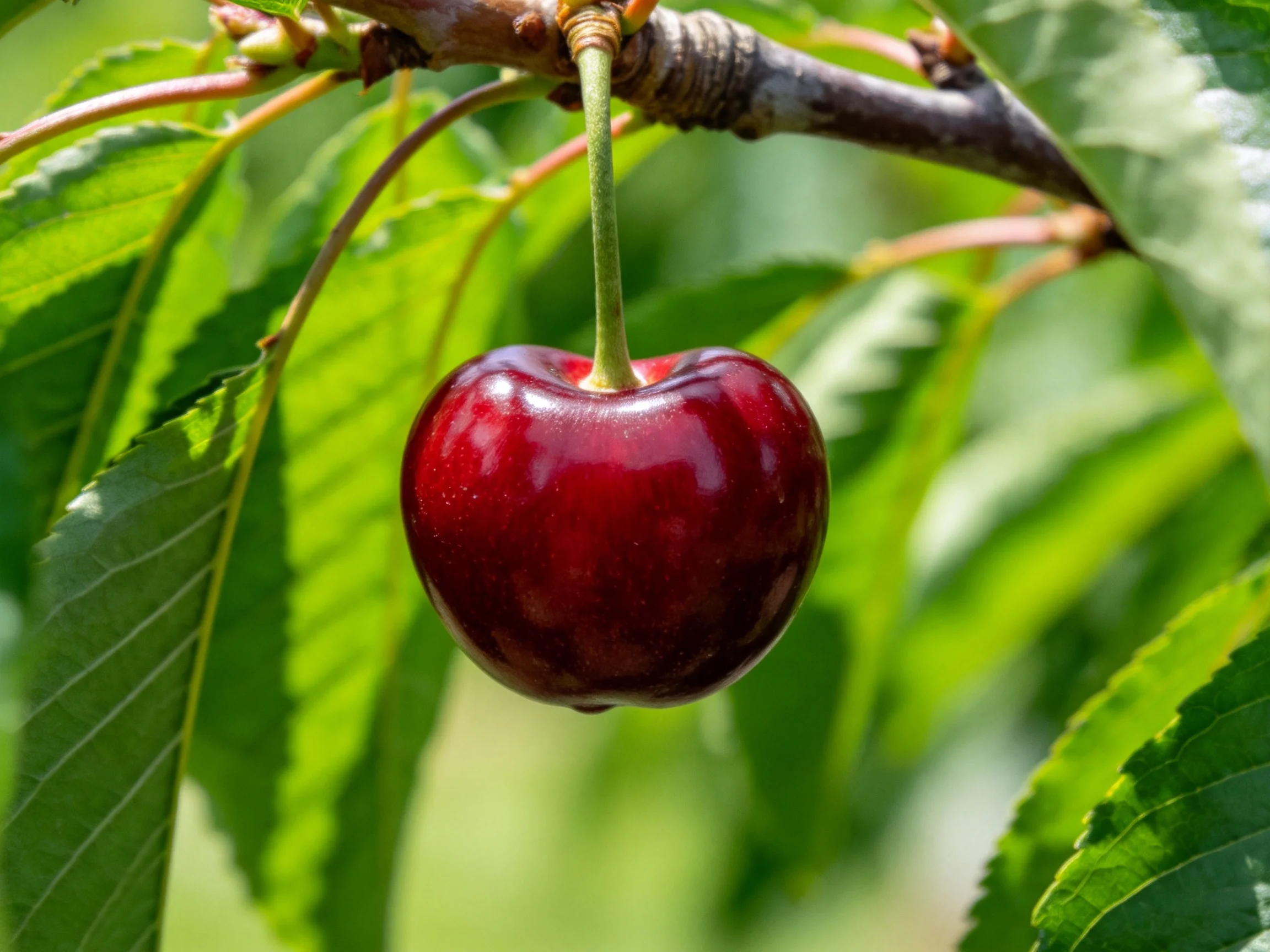 A lustrous dark red cherry hangs from a tree branch among vibrant green leaves