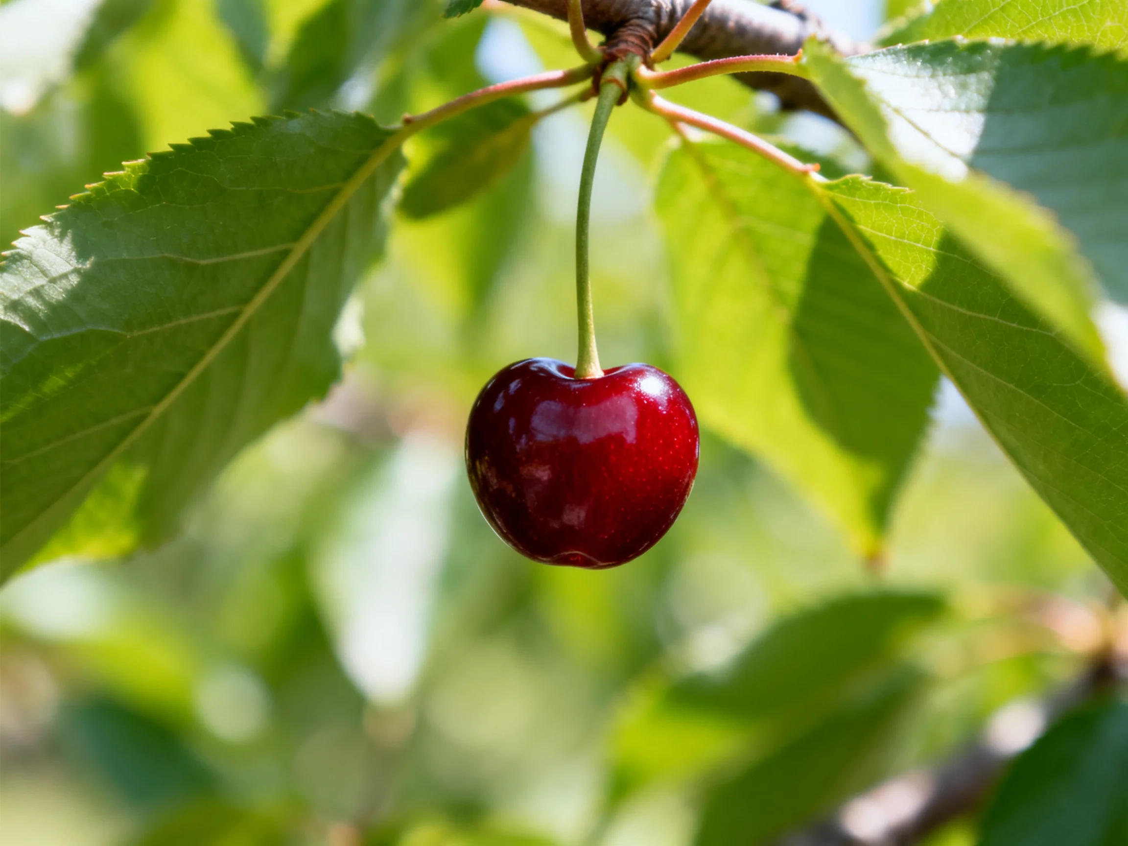A lustrous red cherry hangs from a tree branch amid vibrant green foliage
