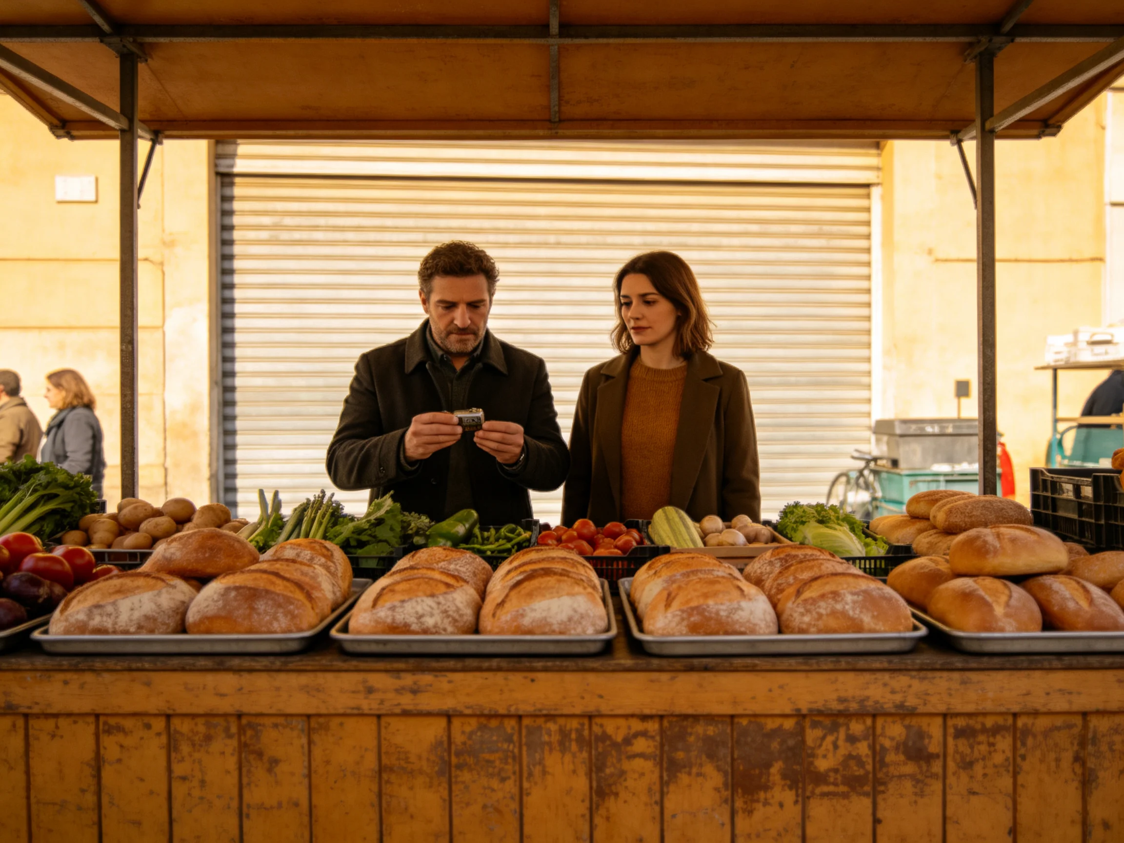 A man and woman examine items at a vibrant outdoor market stand with assorted breads and vegetables.