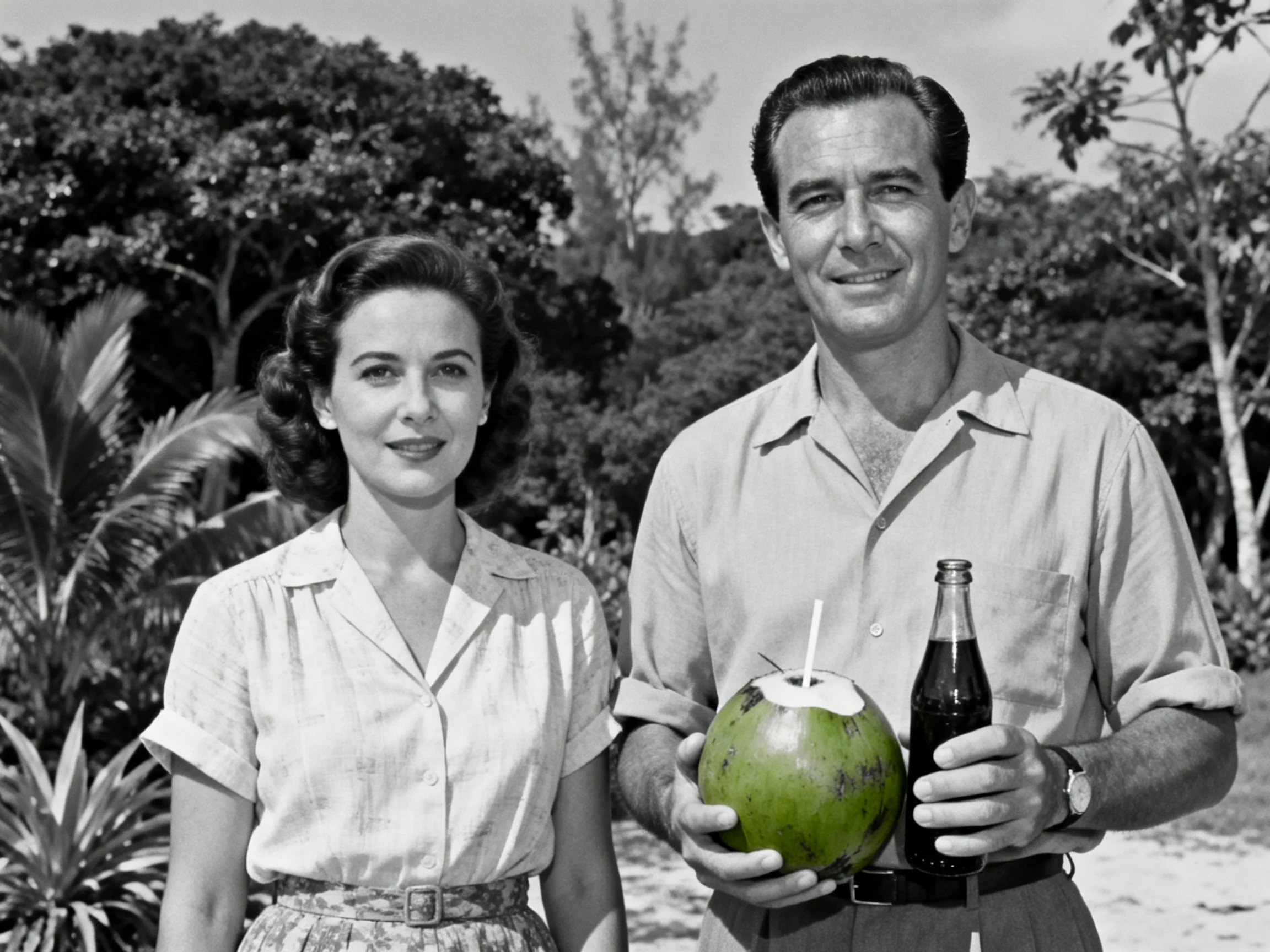 A man and woman pose outdoors with a coconut and soda bottle
